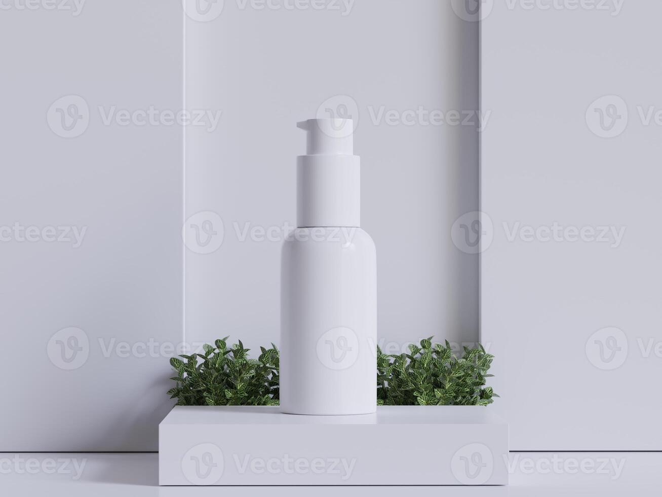 realista cosmético embalaje, belleza producto envase colocar, el plastico botella ilustración blanco. rociar botella, crema tubo y tarro Bosquejo colección en el podio 3d. claro spa higiene objeto foto