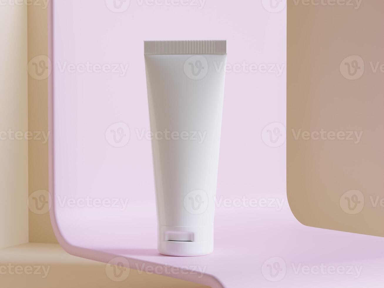 realista cosmético botella. belleza producto envase colocar, el plastico botella ilustración blanco. rociar botella, crema tubo y tarro Bosquejo colección en el podio 3d. claro spa higiene objeto foto