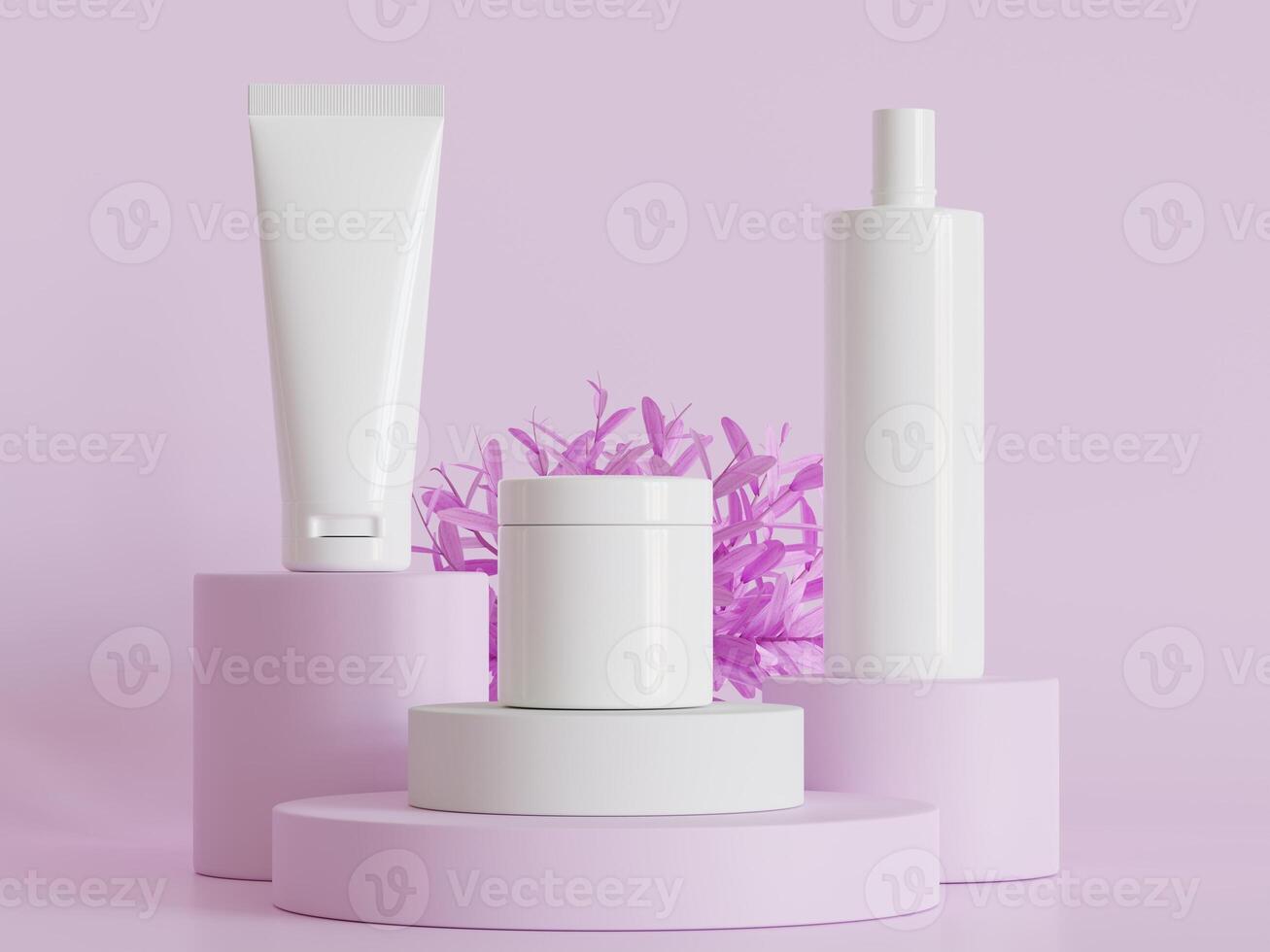 Realistic cosmetic bottle. Beauty product container set, plastic bottle illustration blank. spray bottle, cream tube and jar mockup collection on the podiun 3D. Clear spa hygiene object photo