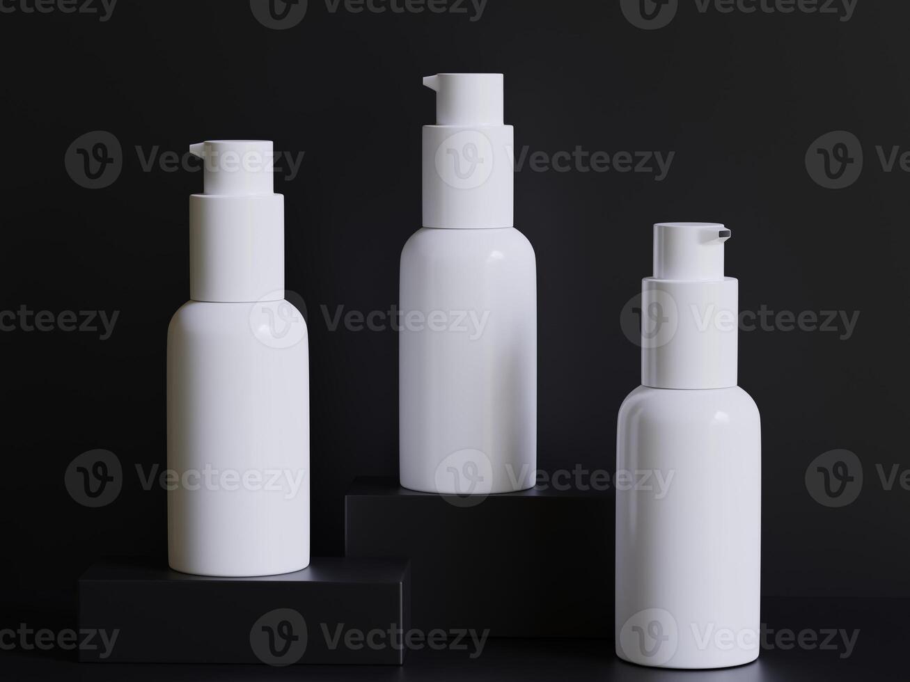 Realistic cosmetic bottle. Beauty product container set, plastic bottle illustration blank. spray bottle, cream tube and jar mockup collection on the podiun 3D. Clear spa hygiene object photo