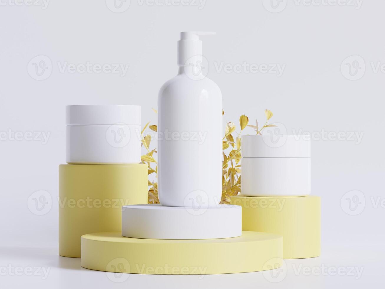 Realistic cosmetic bottle. Beauty product container set, plastic bottle illustration blank. spray bottle, cream tube and jar mockup collection on the podiun 3D. Clear spa hygiene object photo