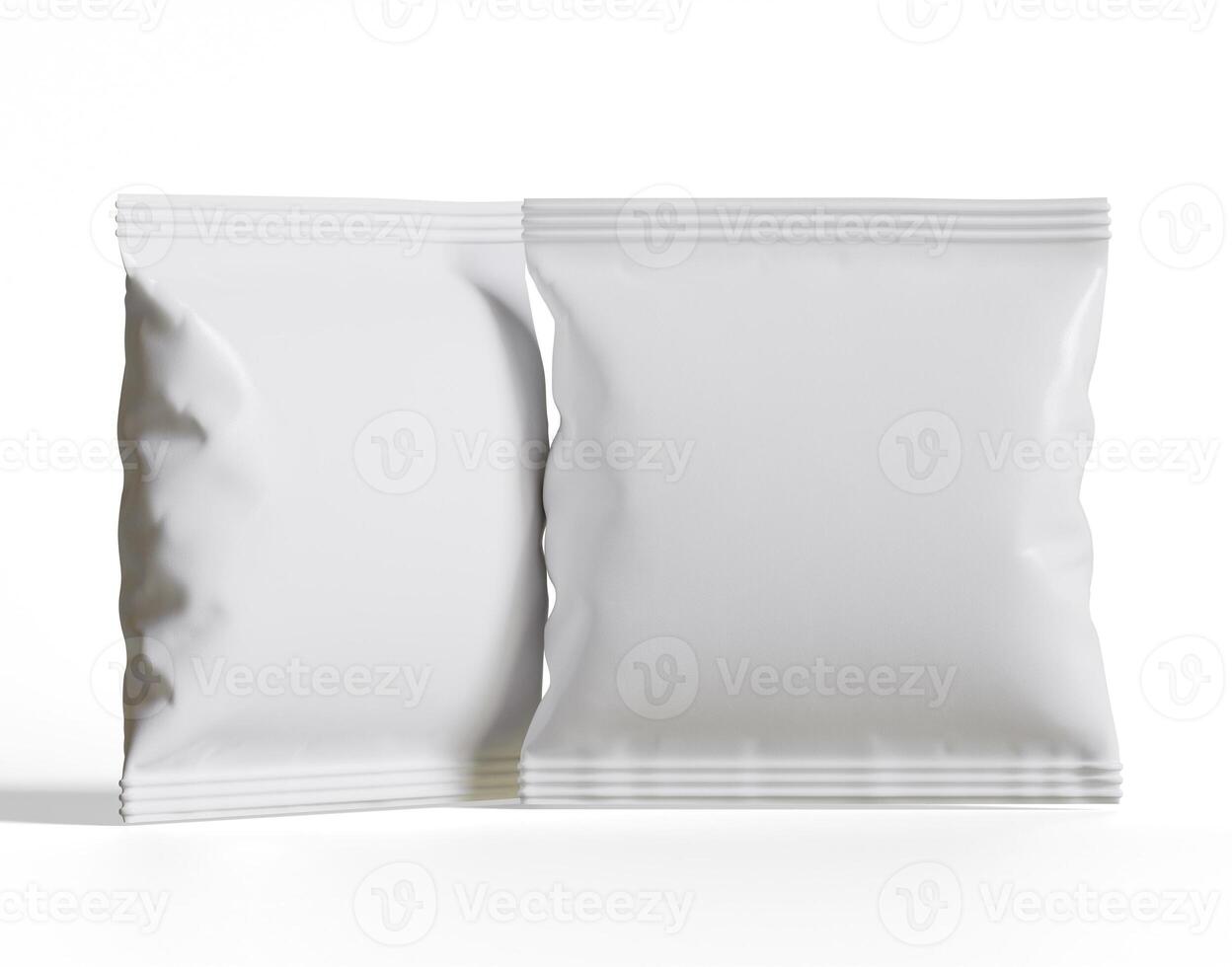 blanco el plastico bocadillo bolso Bosquejo, blanco patata papas fritas envase, 3d representación aislado en blanco antecedentes foto