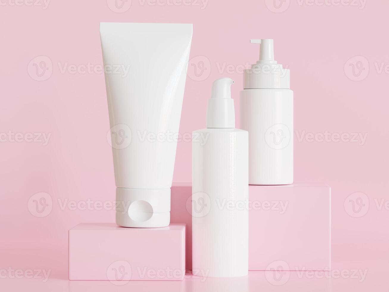 realista cosmético botella. belleza producto envase colocar, el plastico botella ilustración blanco. rociar botella, crema tubo y tarro Bosquejo colección en el podio 3d. claro spa higiene objeto foto