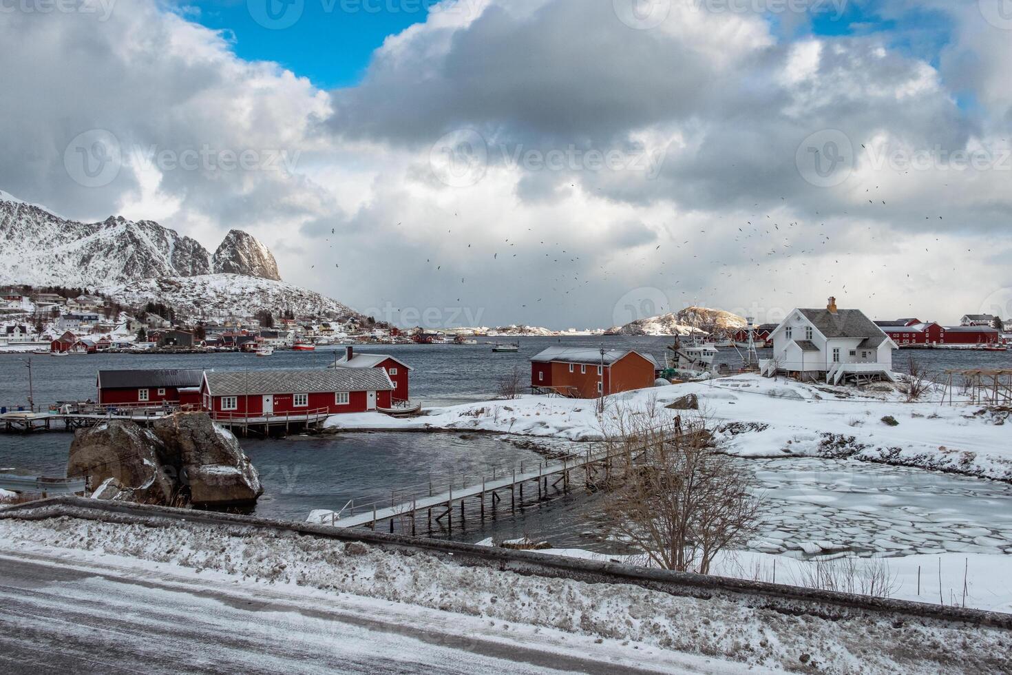 Fishing village on coastline with birds flying in stormy sky photo