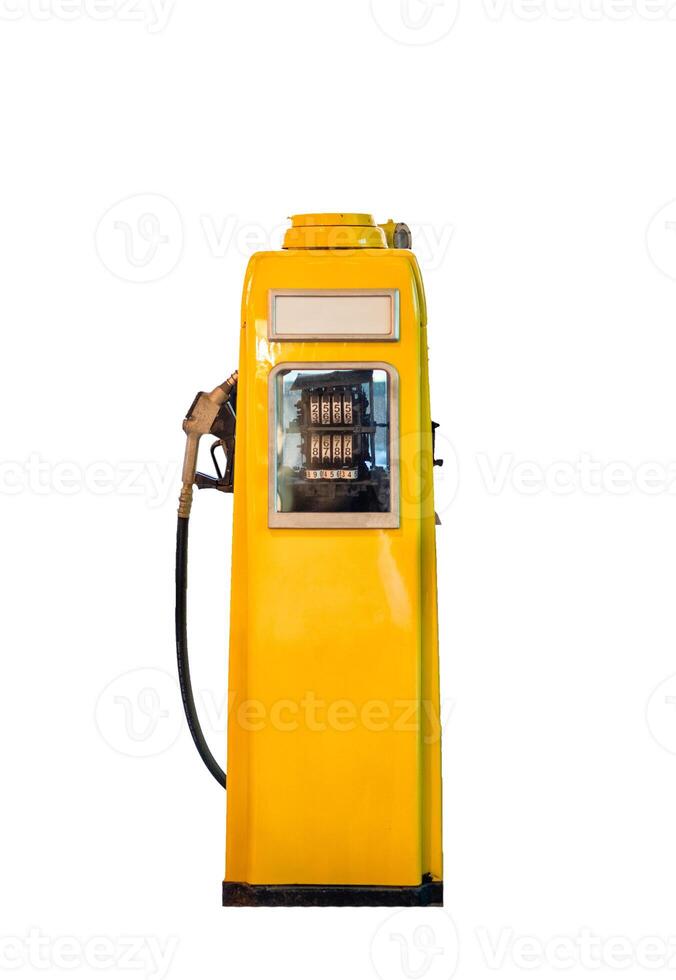 Yellow Fuel dispenser with fuel nozzle with number dialog system. isolated on background photo