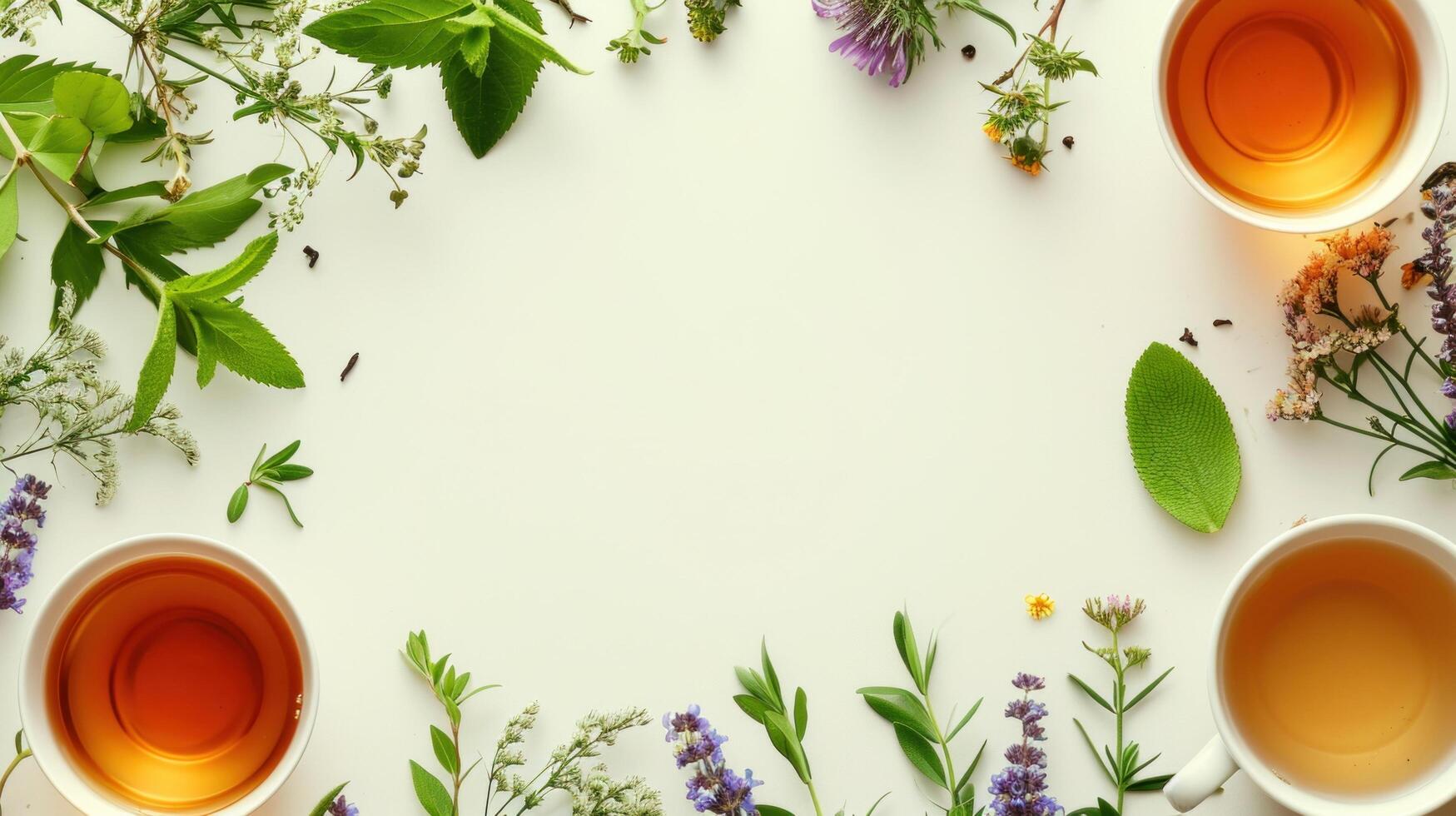 AI generated herbal tea advertisment background with copy space photo