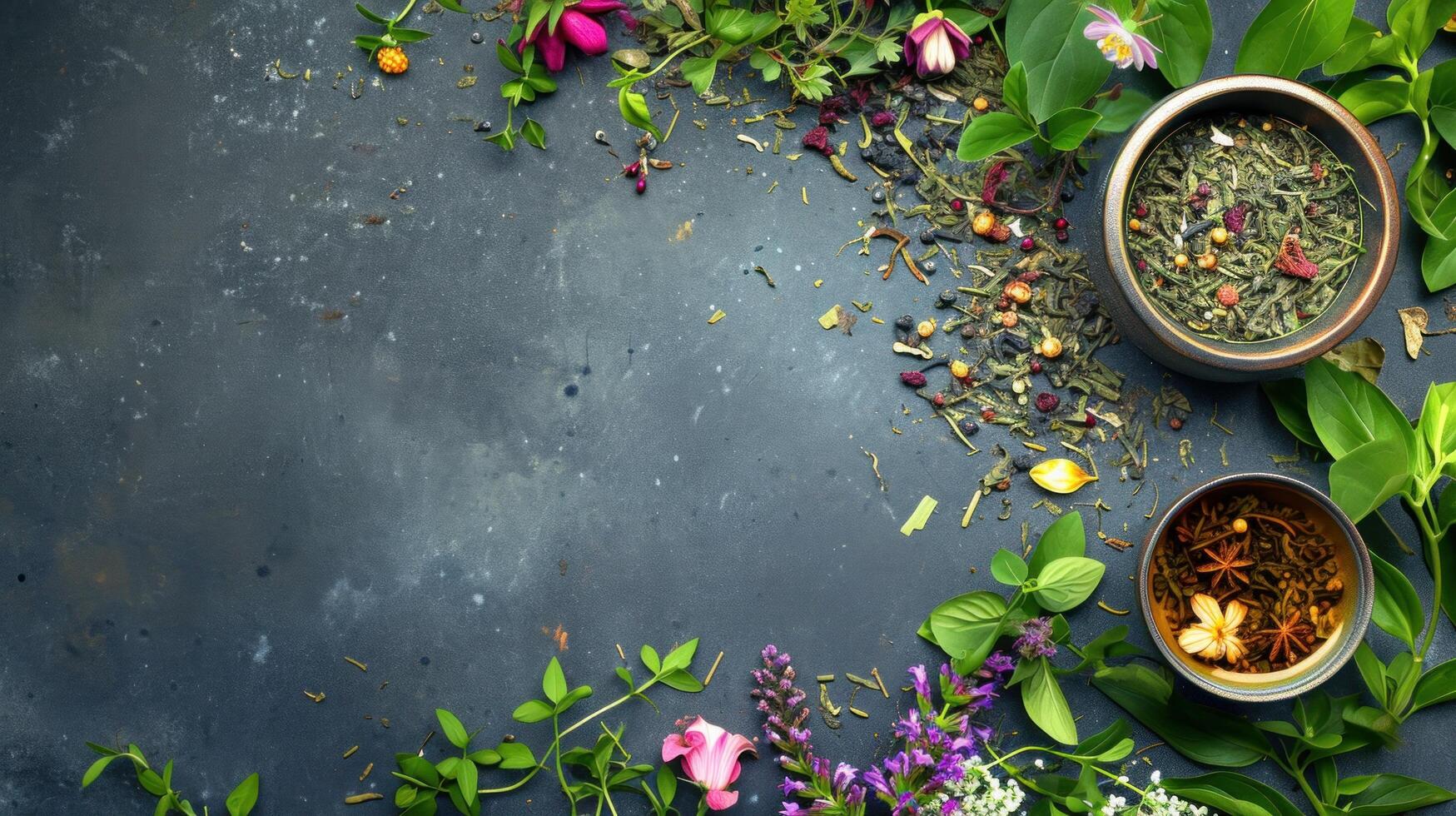 AI generated herbal tea advertisment background with copy space photo