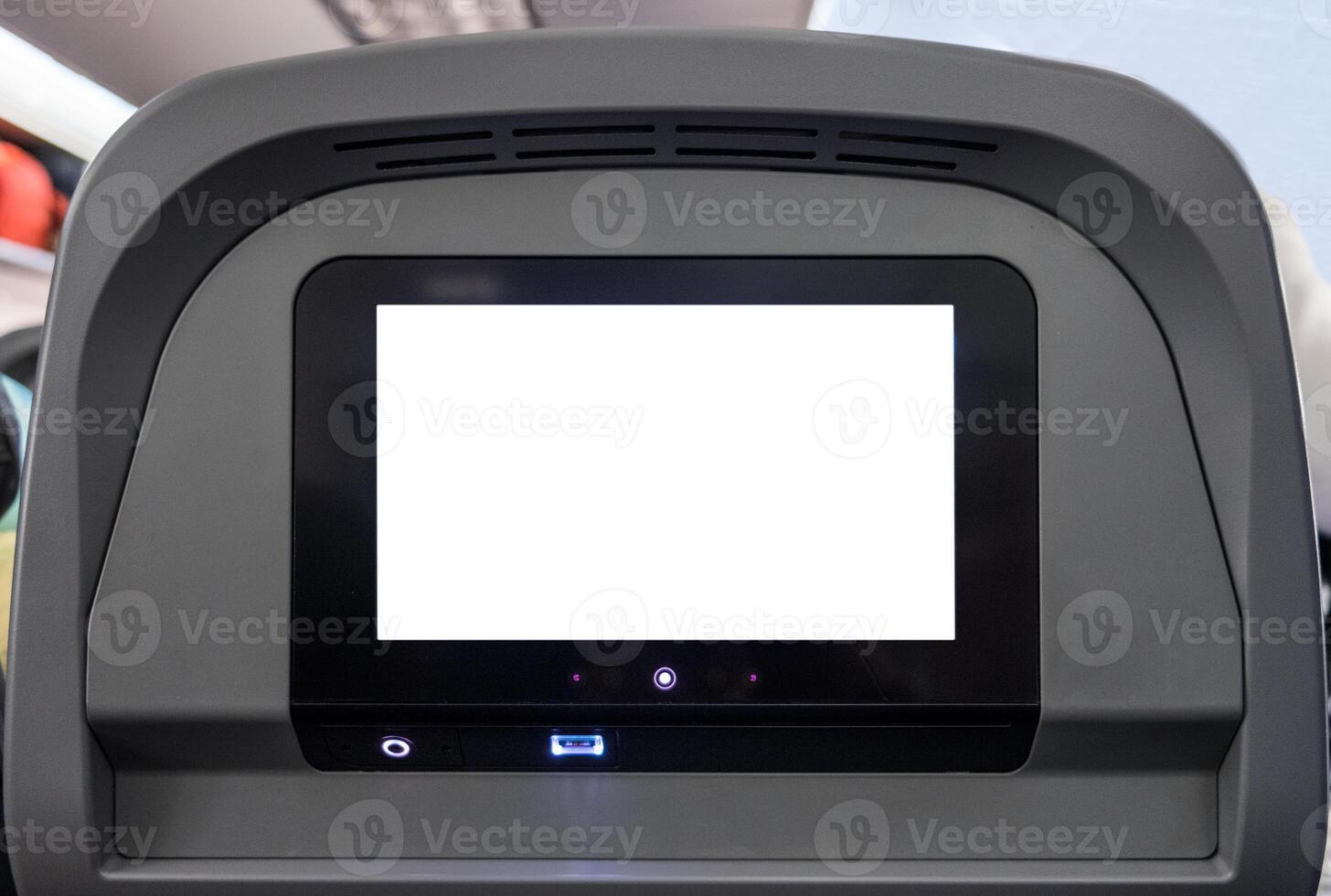 blanco monitor entretener pantalla con botón y canal en posterior asiento en avión foto