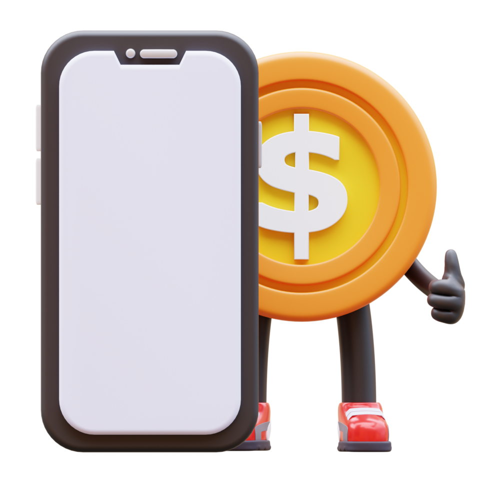 3D money coin Character Presenting Blank Smartphone Screen png
