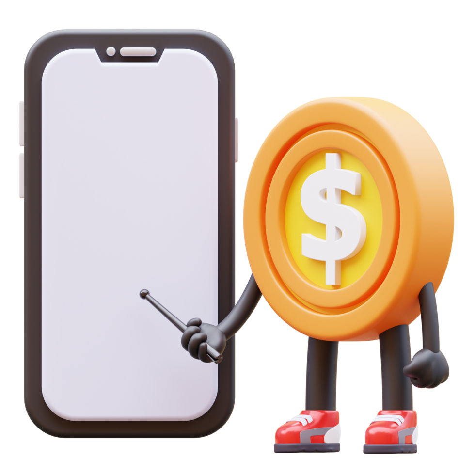 3D money coin Character Presenting Blank Smartphone Screen png