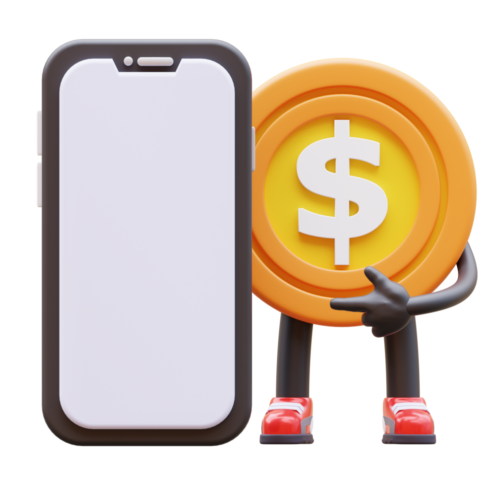 3D money coin Character Presenting Blank Smartphone Screen png