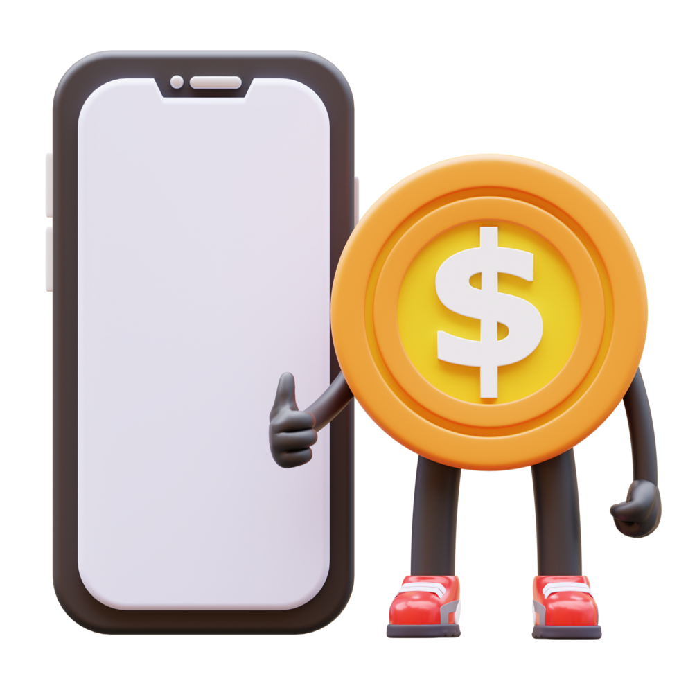 3D money coin Character Presenting Blank Smartphone Screen png