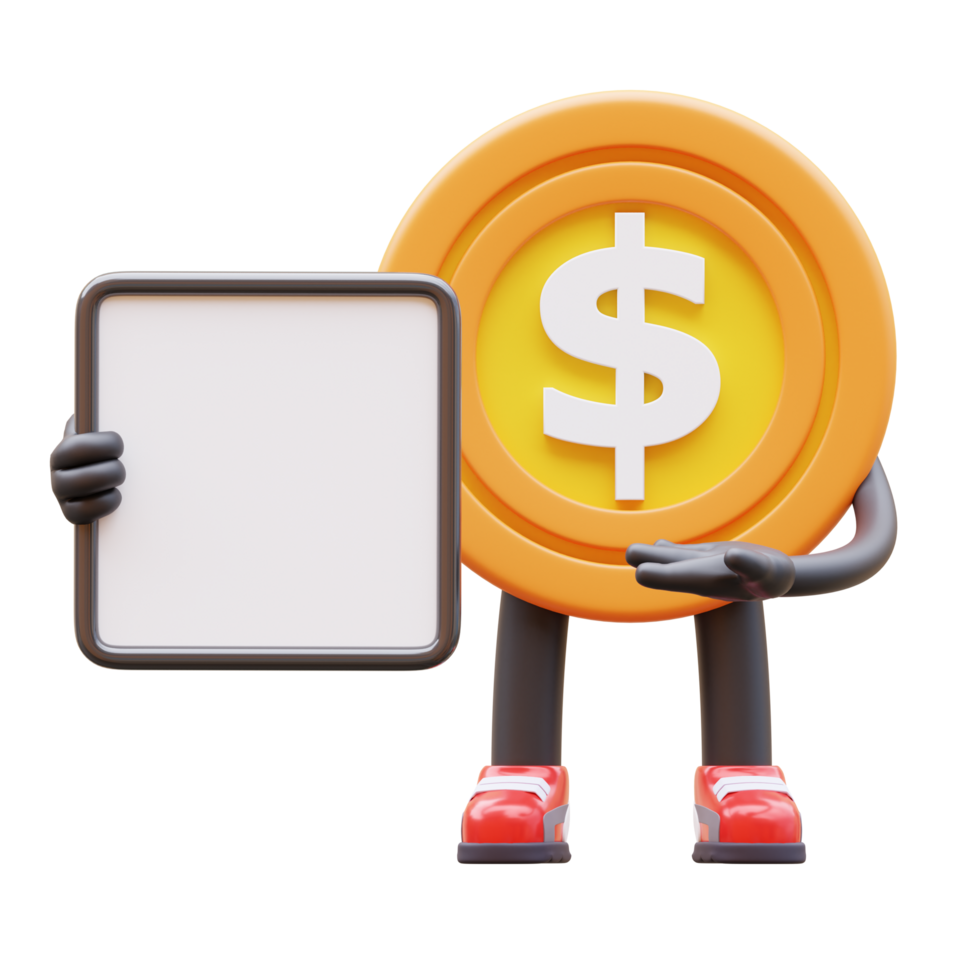 3D money coin Character Holding Blank Paper png