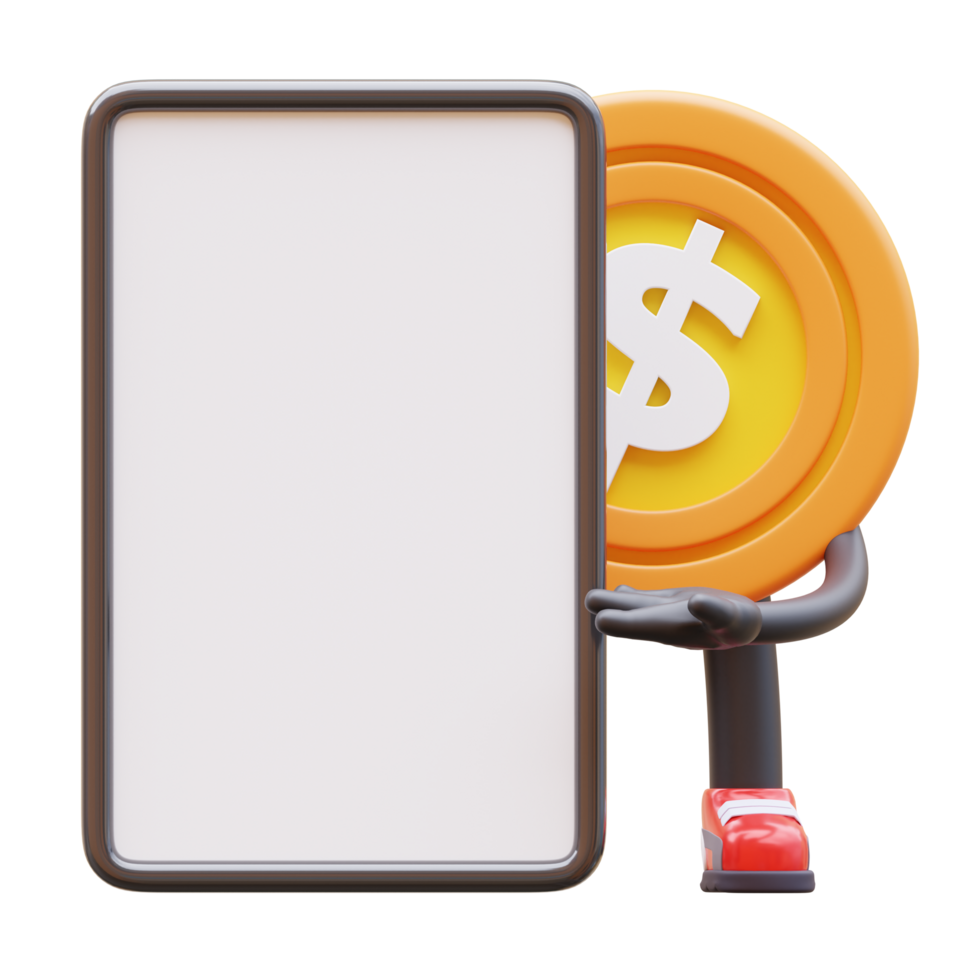 3D money coin Character Holding Blank Paper png