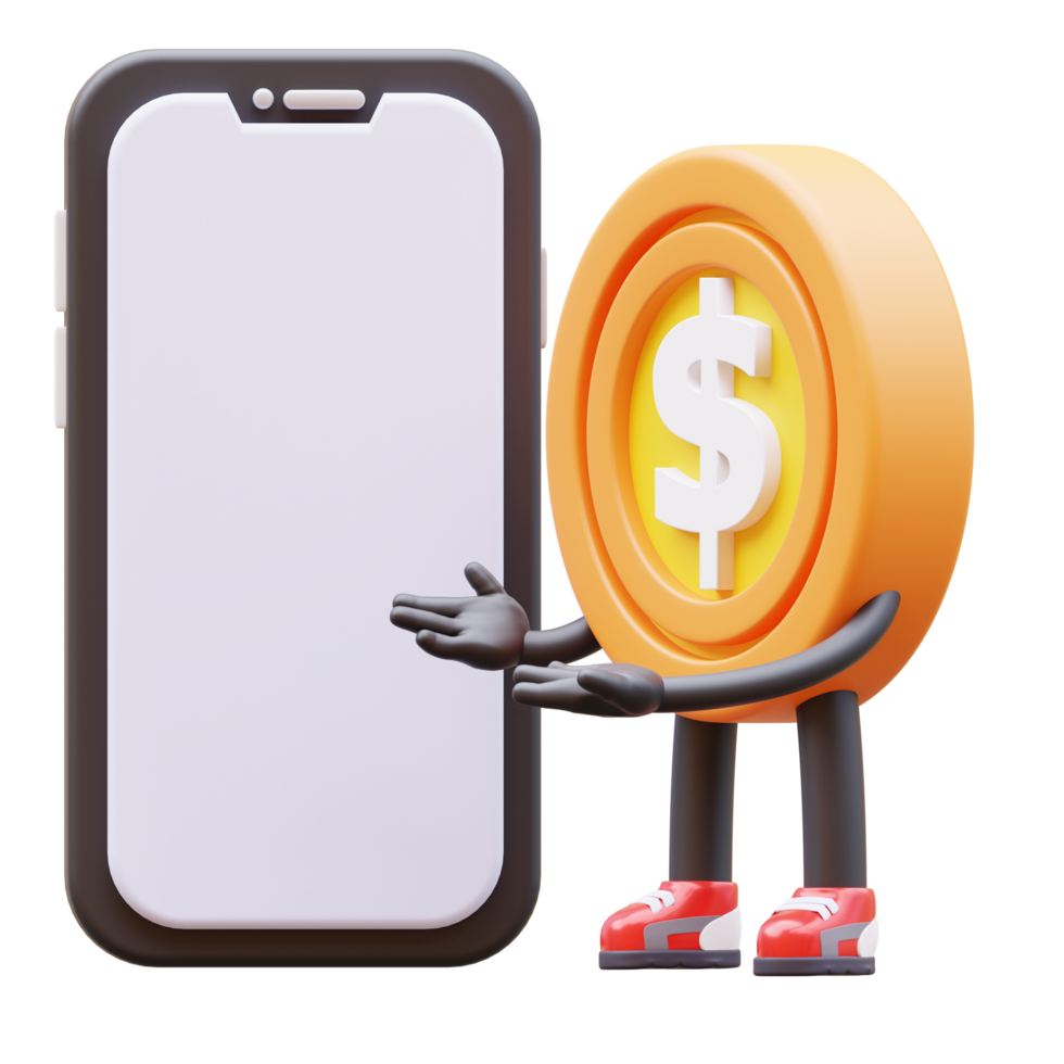 3D money coin Character Presenting Blank Smartphone Screen png