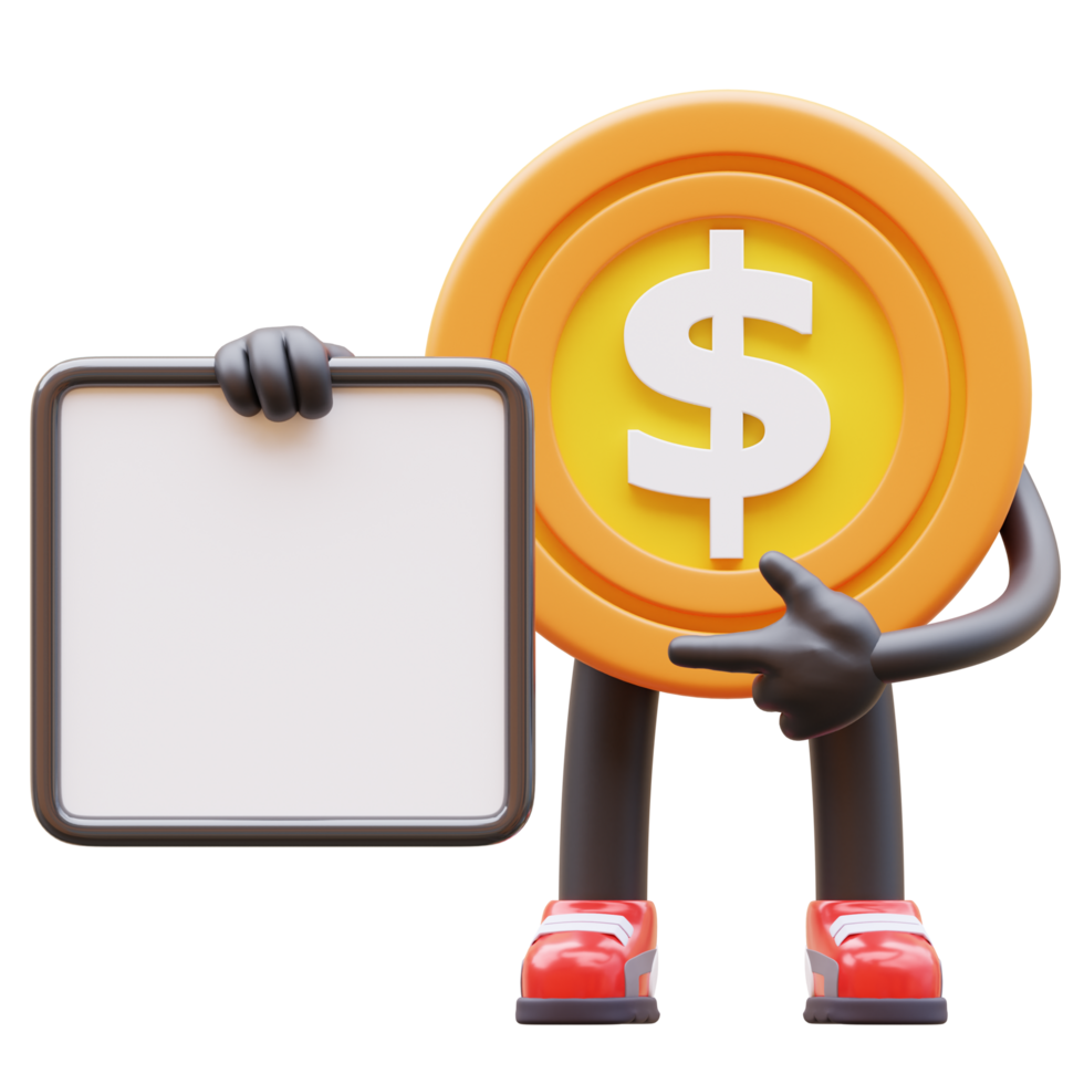 3D money coin Character Holding Blank Paper png