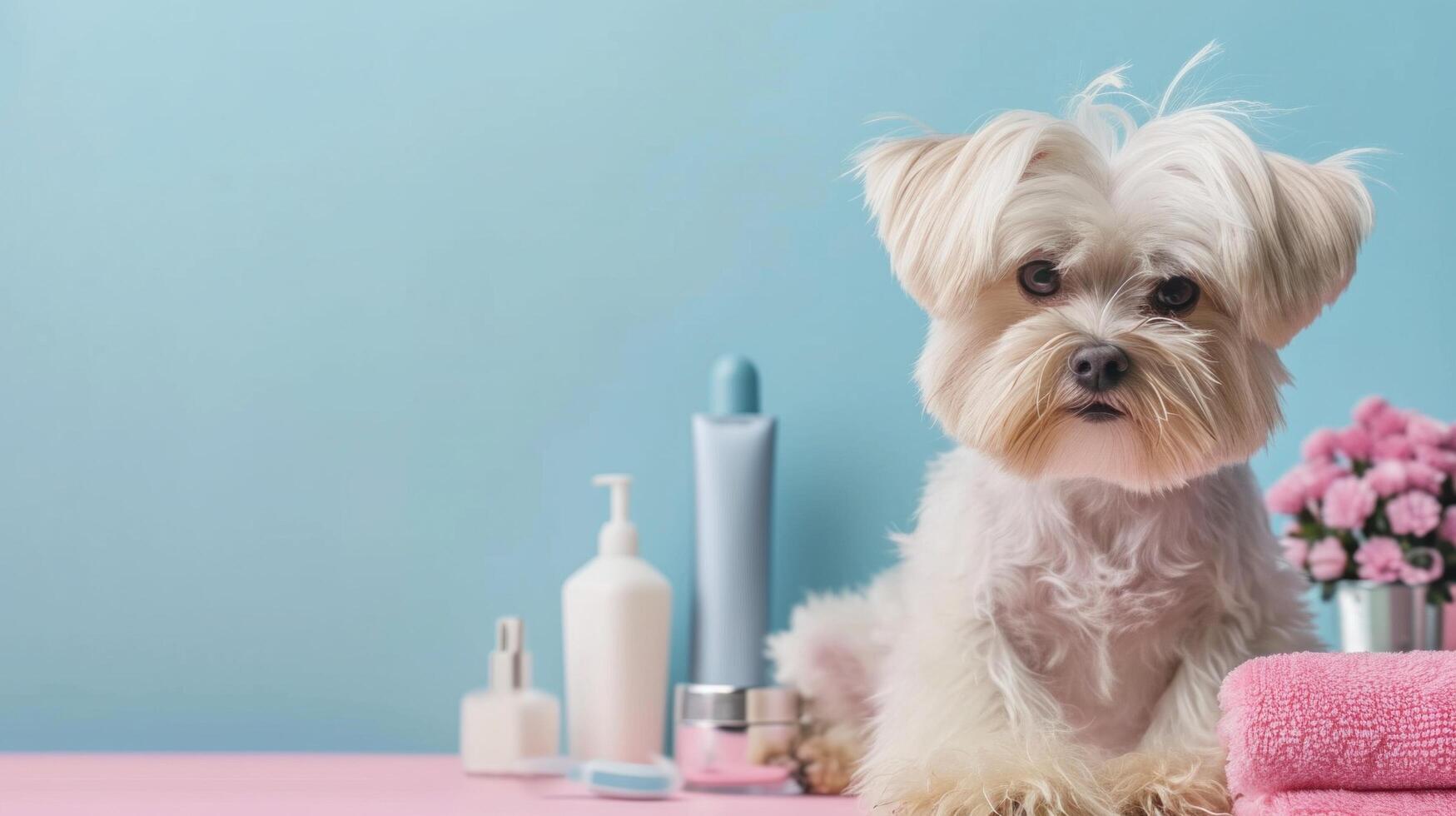 AI generated Pets grooming advertisment background with copy space photo