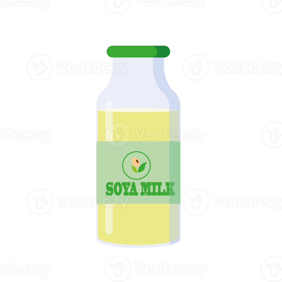 A glass bottle of soy milk or soya drink, design of plant based beverage, high protein source png