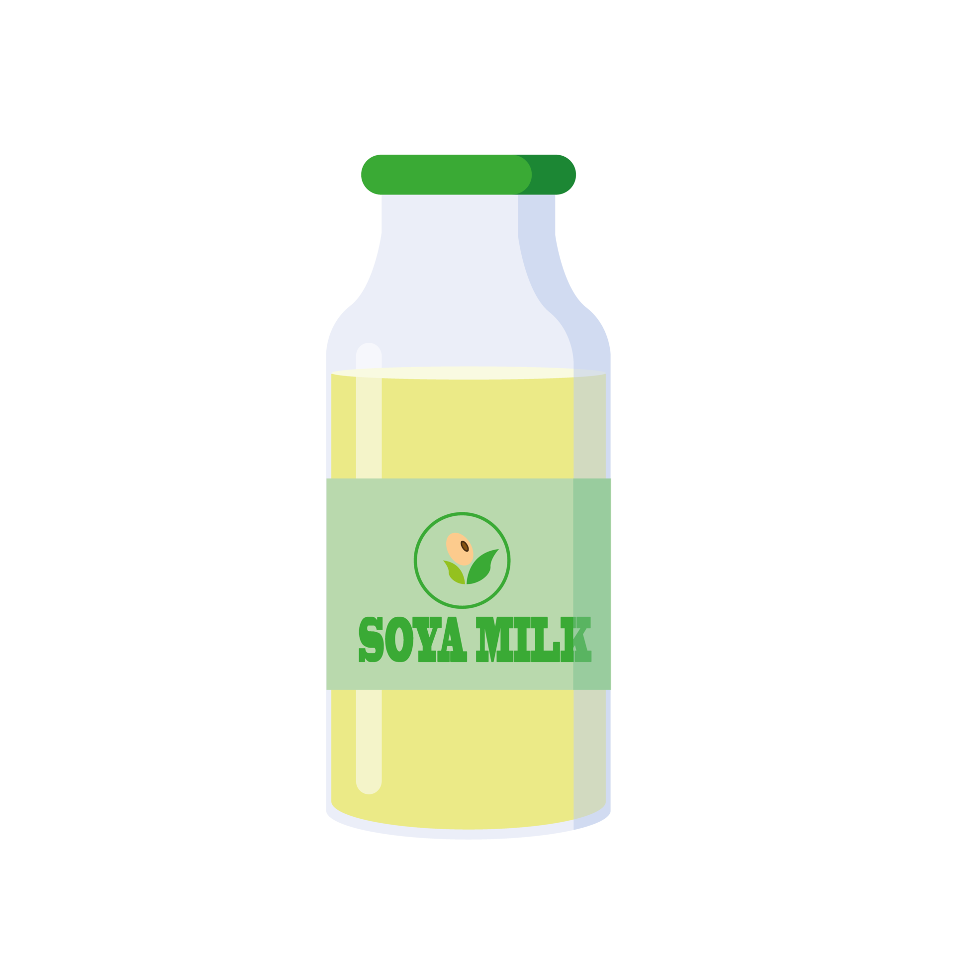 A glass bottle of soy milk or soya drink, design of plant based