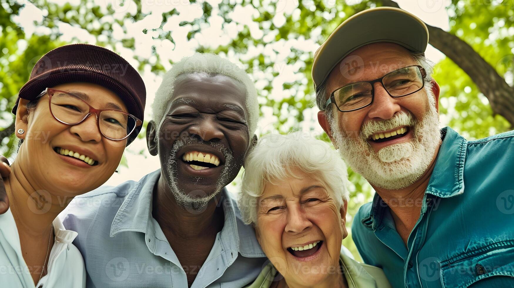 ai generado ancianos celebrando diversidad juntos en Jubilación foto