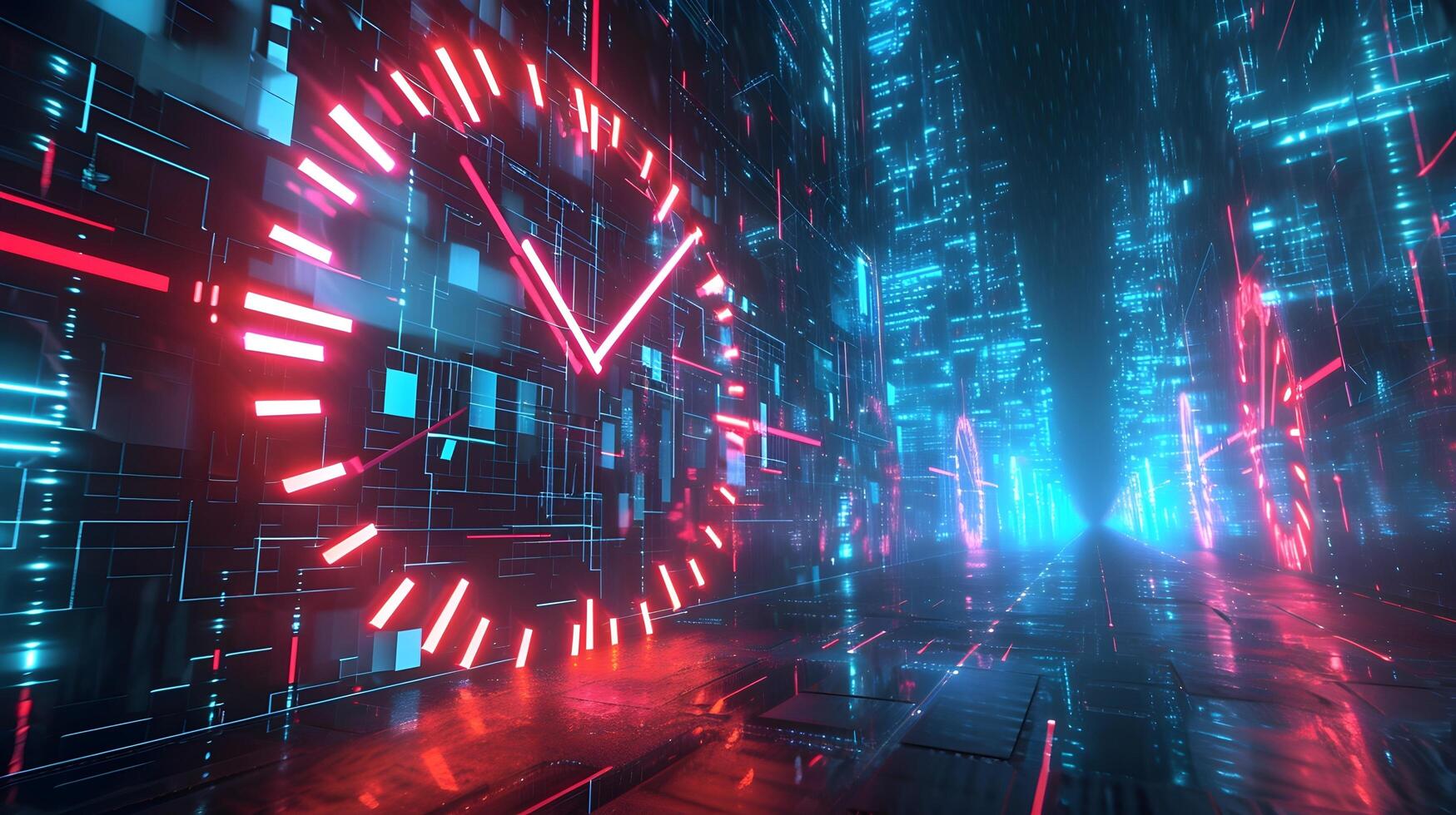 AI generated Futuristic Neon Glowing Clock On Dystopian Background photo