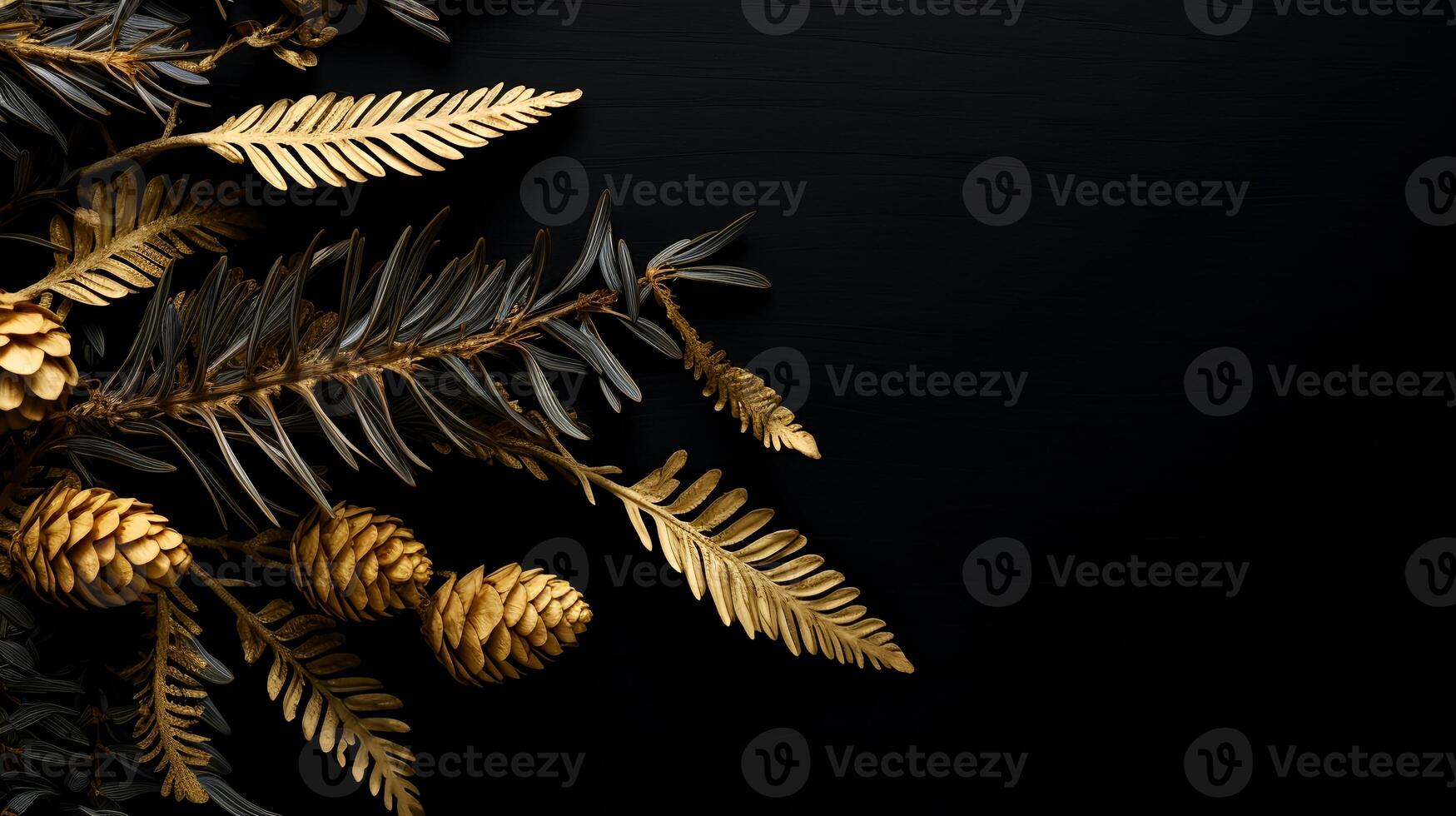 AI generated Gold Pine Needles Isolated On Black Background photo