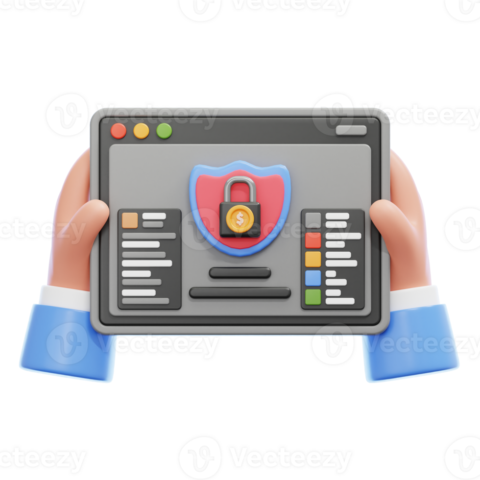Hand holding tablet with financial security concept 3d illustration png