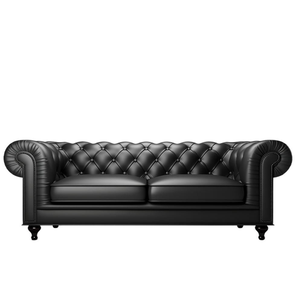 ai generiert Zuhause Komfort mit ein luxuriös schwarz Leder Sofa einstellen gegen ein transparent Hintergrund png