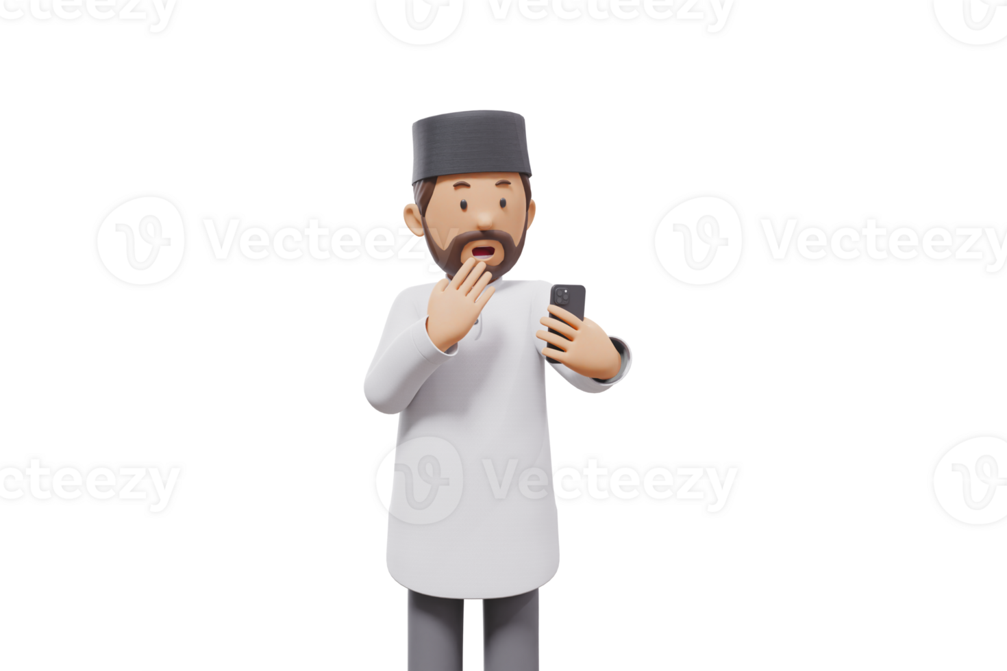 3d man holding a cellphone while interacting, expressing and smiling at the camera with a transparent background png