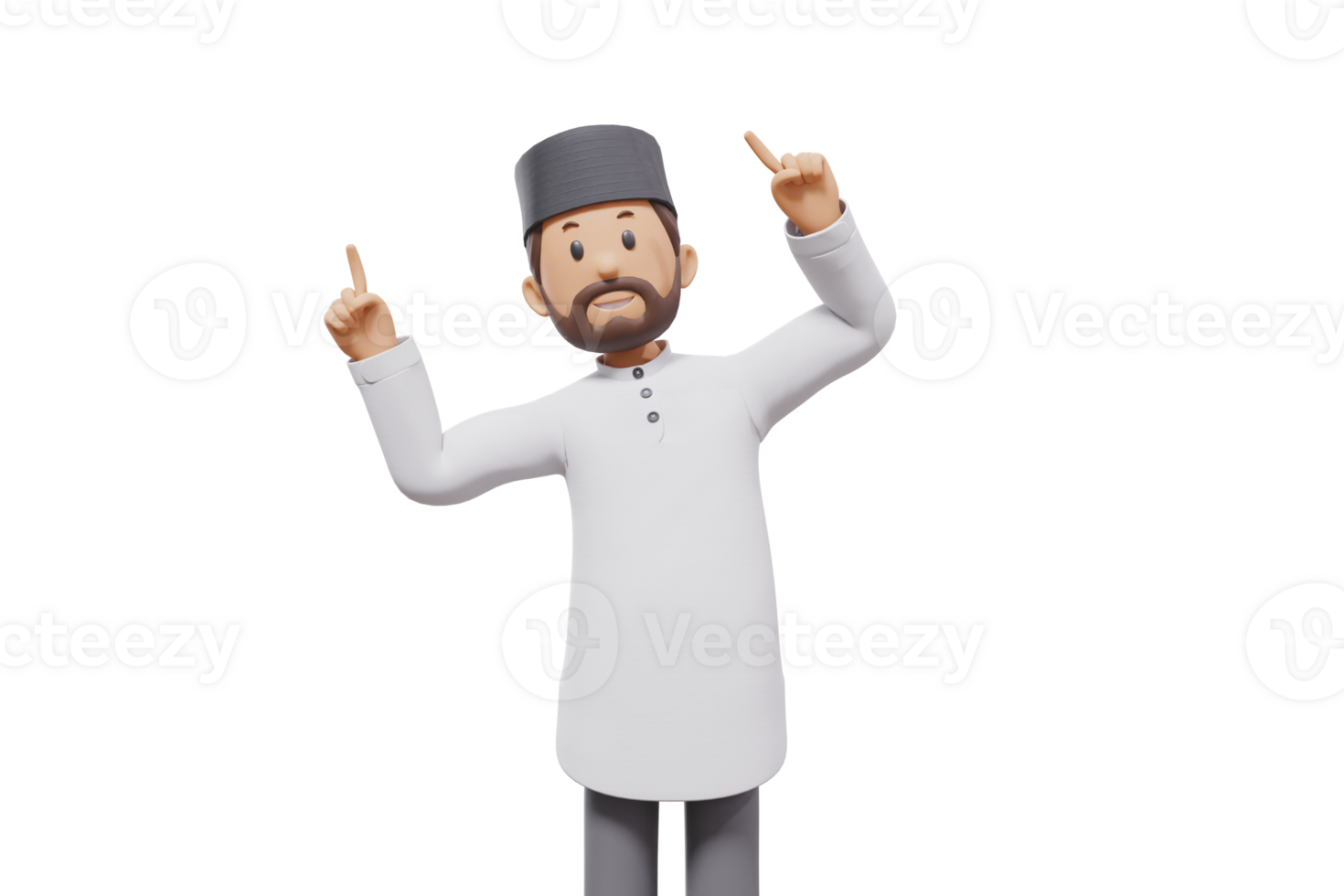 3d illustration of man muslim greeting, pointing and showing something at camera with transparent background png