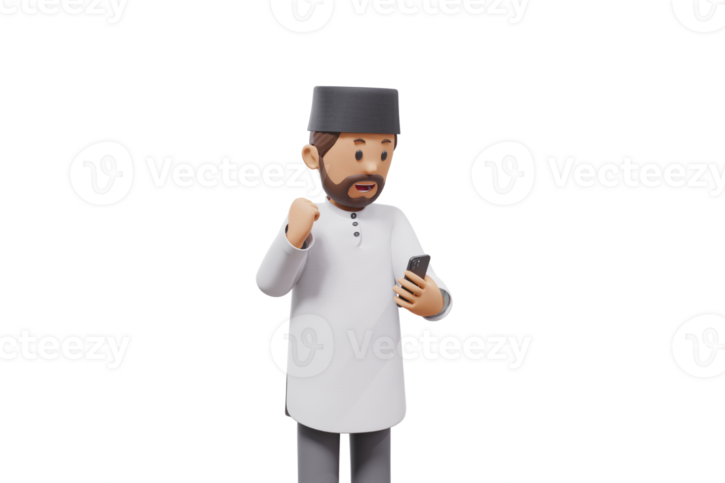 3d man holding a cellphone while interacting, expressing and smiling at the camera with a transparent background png
