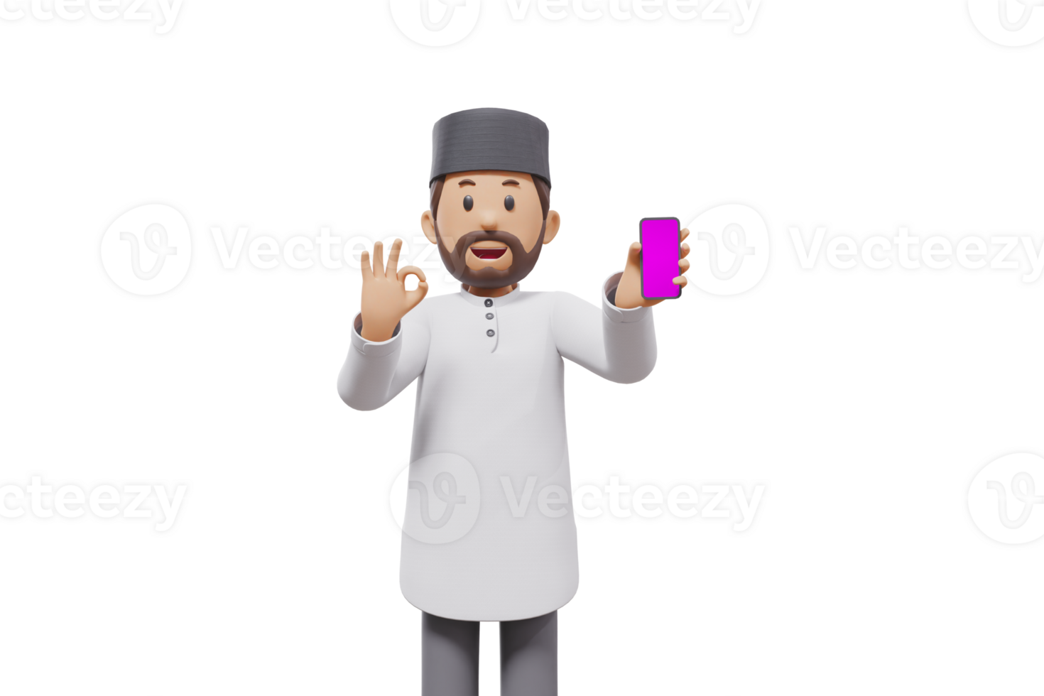 3d man holding a cellphone while interacting, expressing and smiling at the camera with a transparent background png