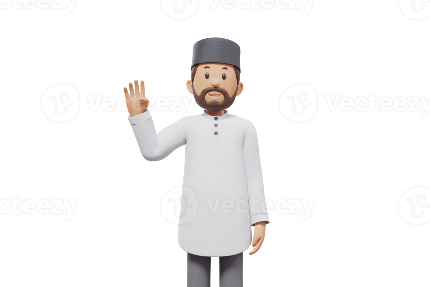3d illustration of man muslim greeting, pointing and showing something at camera with transparent background png