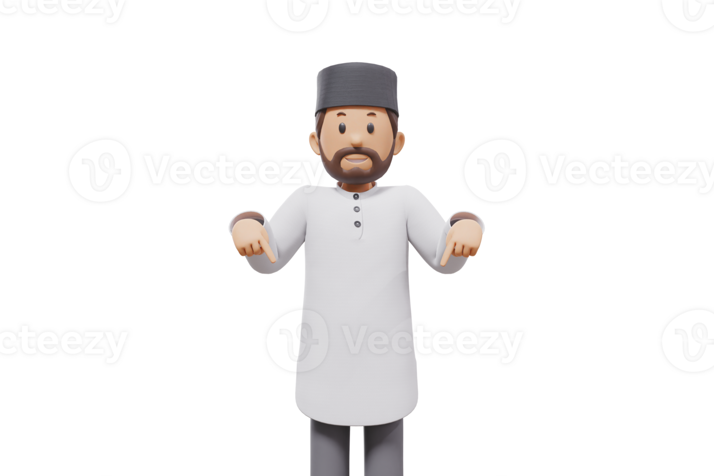 3d illustration of man muslim greeting, pointing and showing something at camera with transparent background png