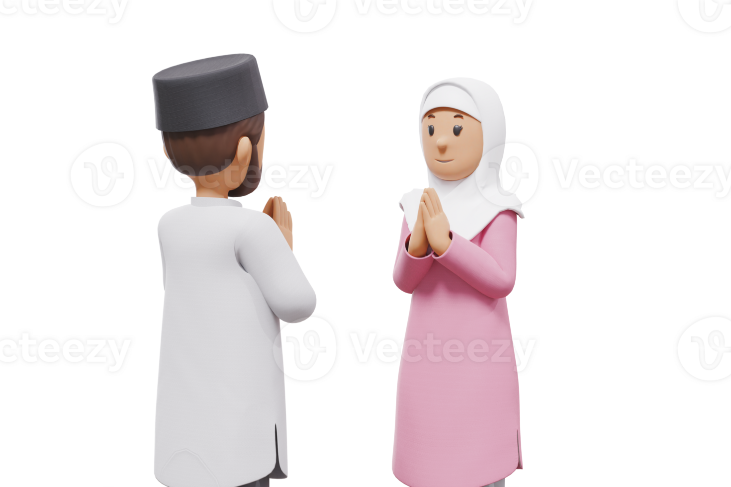 3D illustration of a Muslim man and woman greeting each other with transparent background png