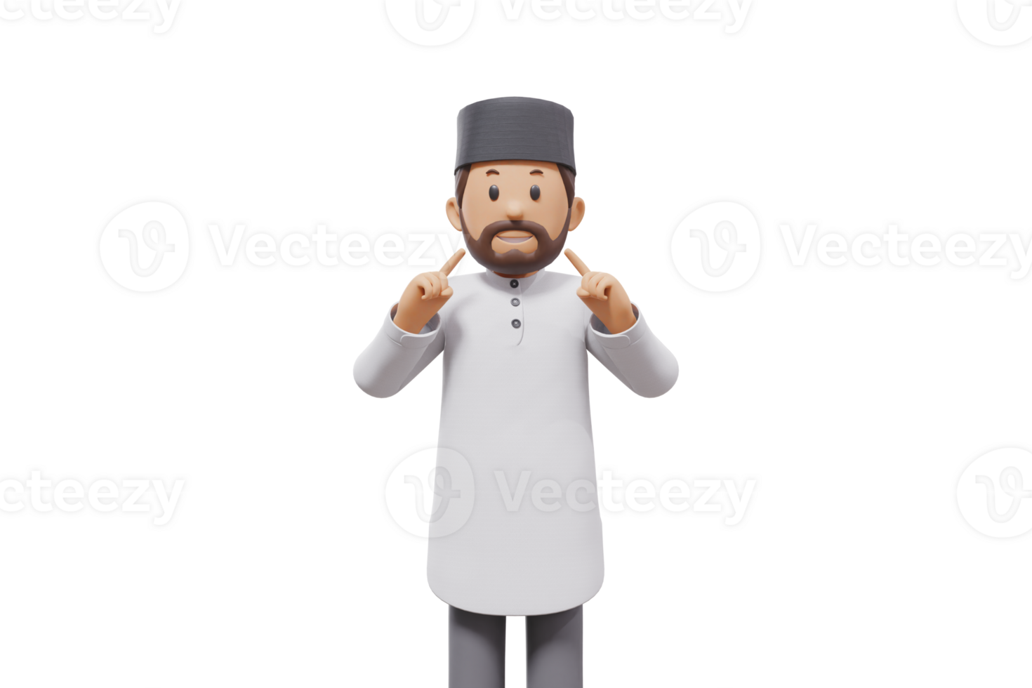 3d illustration of man muslim greeting, pointing and showing something at camera with transparent background png