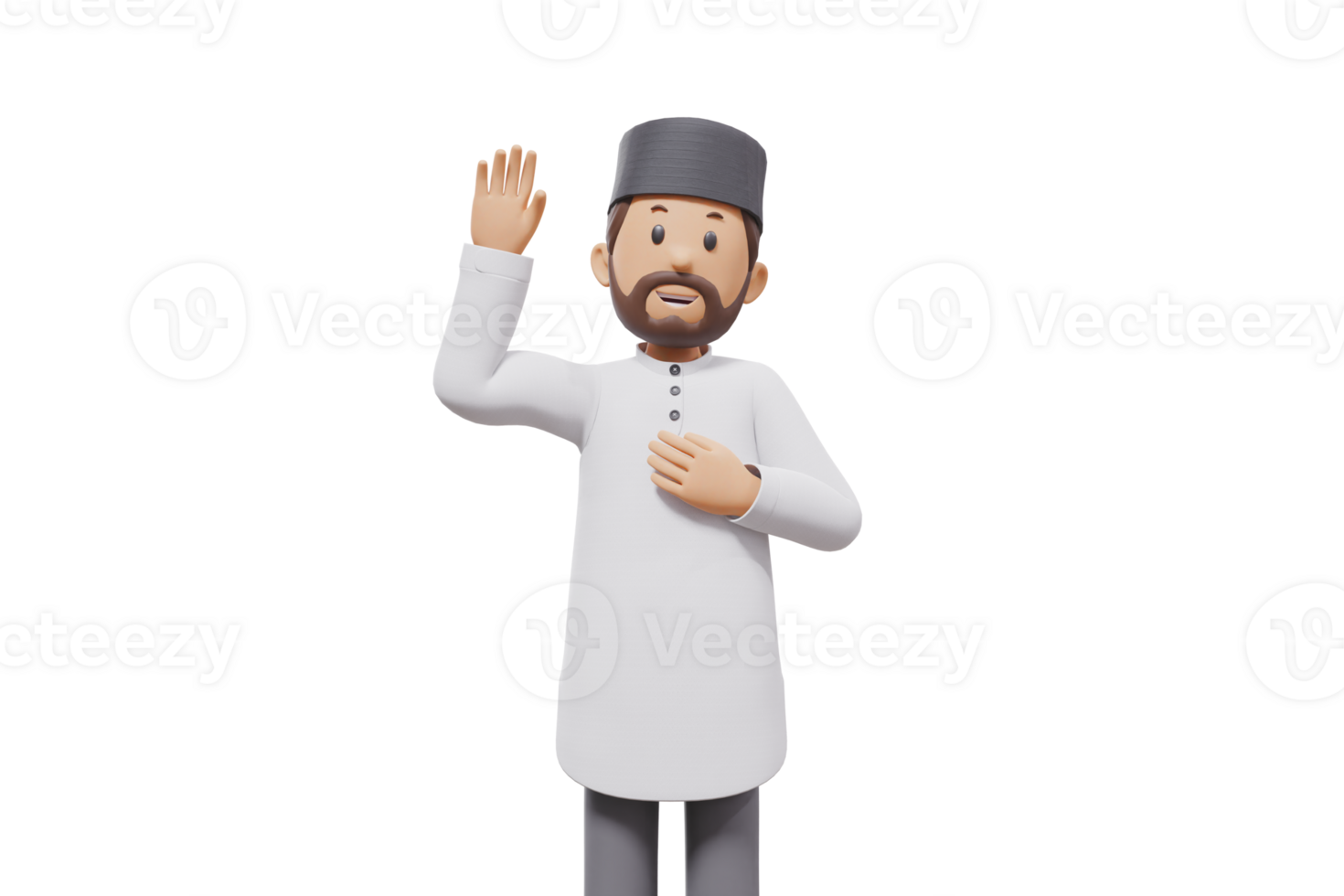 3d illustration of man muslim greeting, pointing and showing something at camera with transparent background png