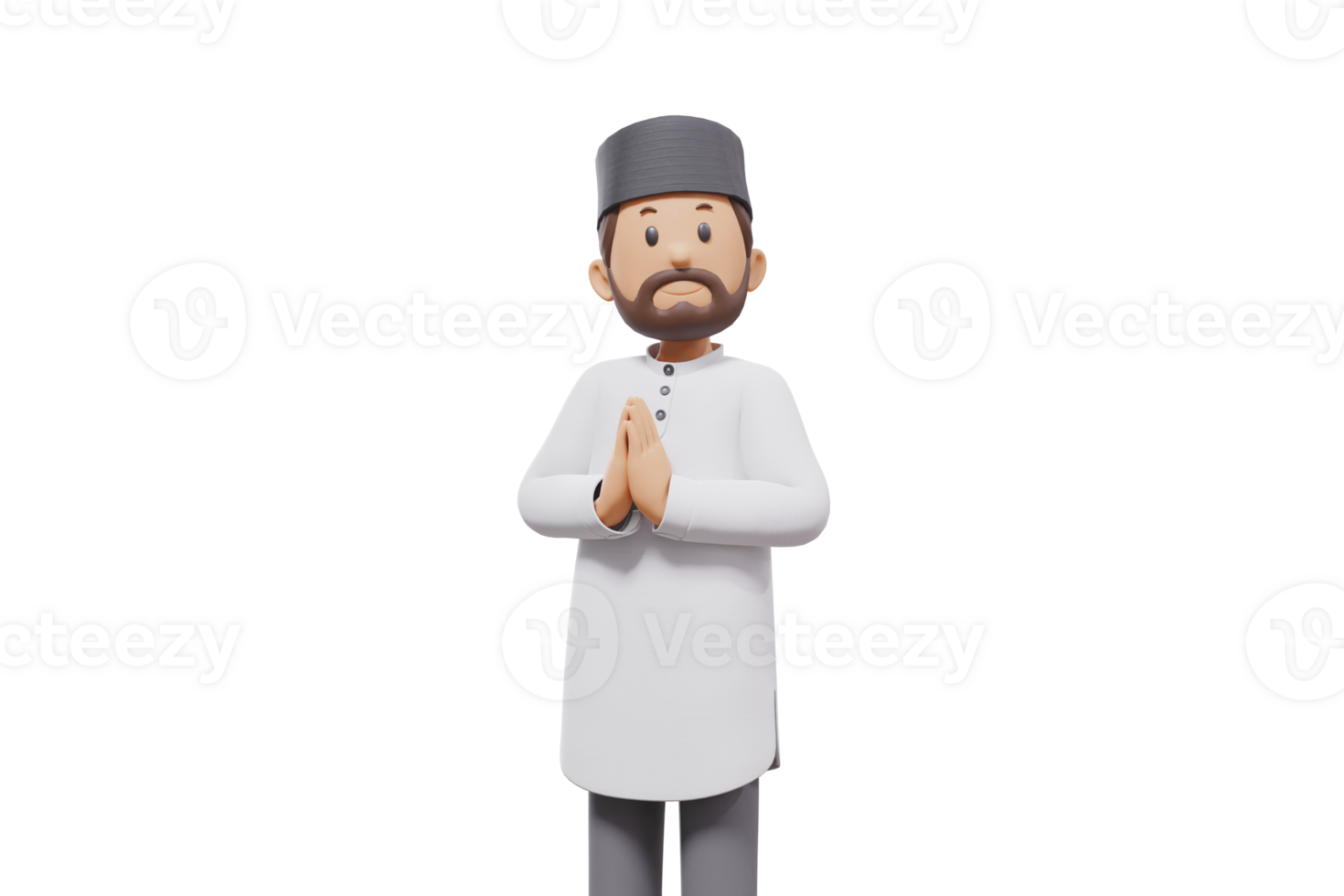 3d illustration of man muslim greeting, pointing and showing something at camera with transparent background png