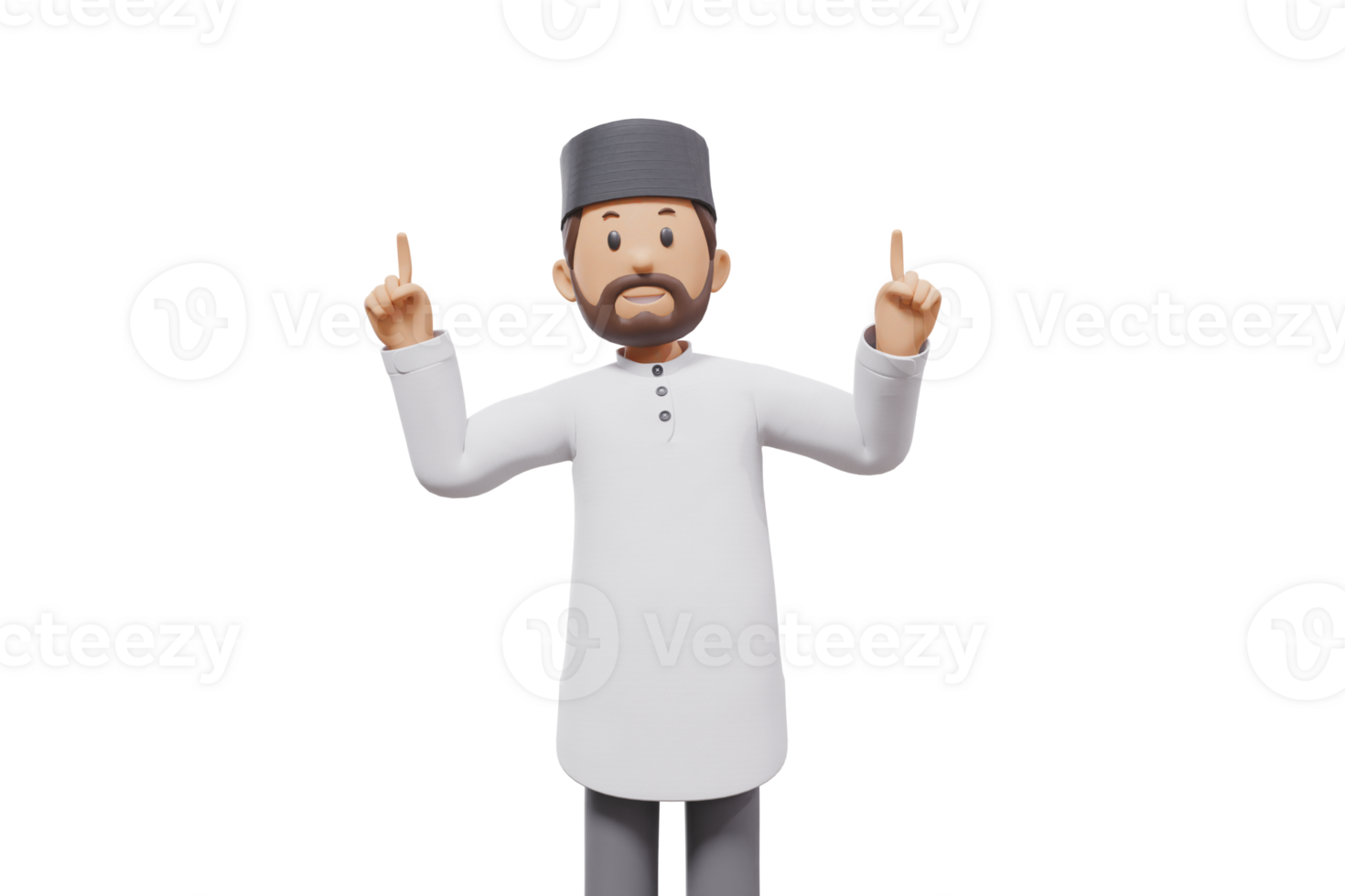 3d illustration of man muslim greeting, pointing and showing something at camera with transparent background png