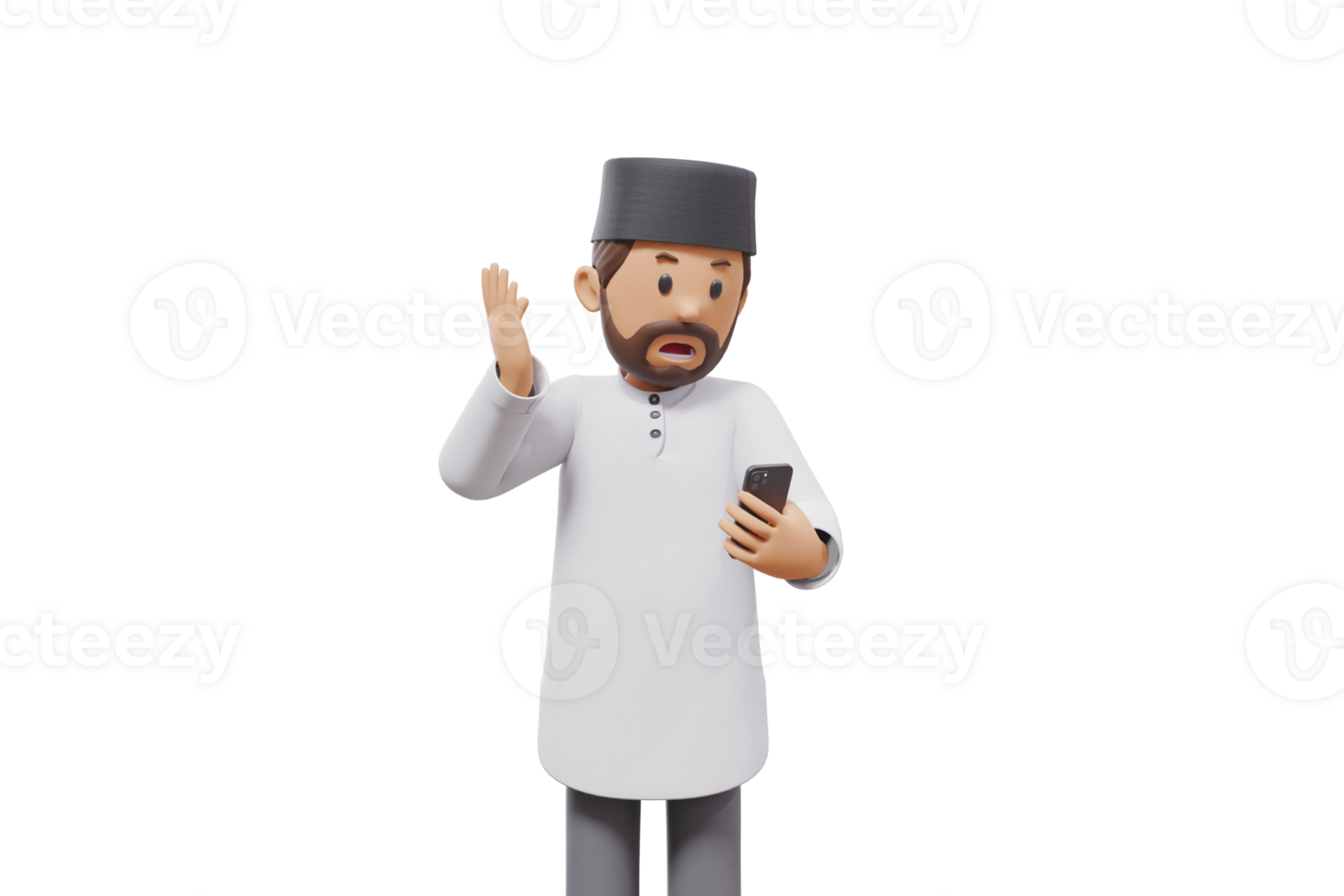 3d man holding a cellphone while interacting, expressing and smiling at the camera with a transparent background png