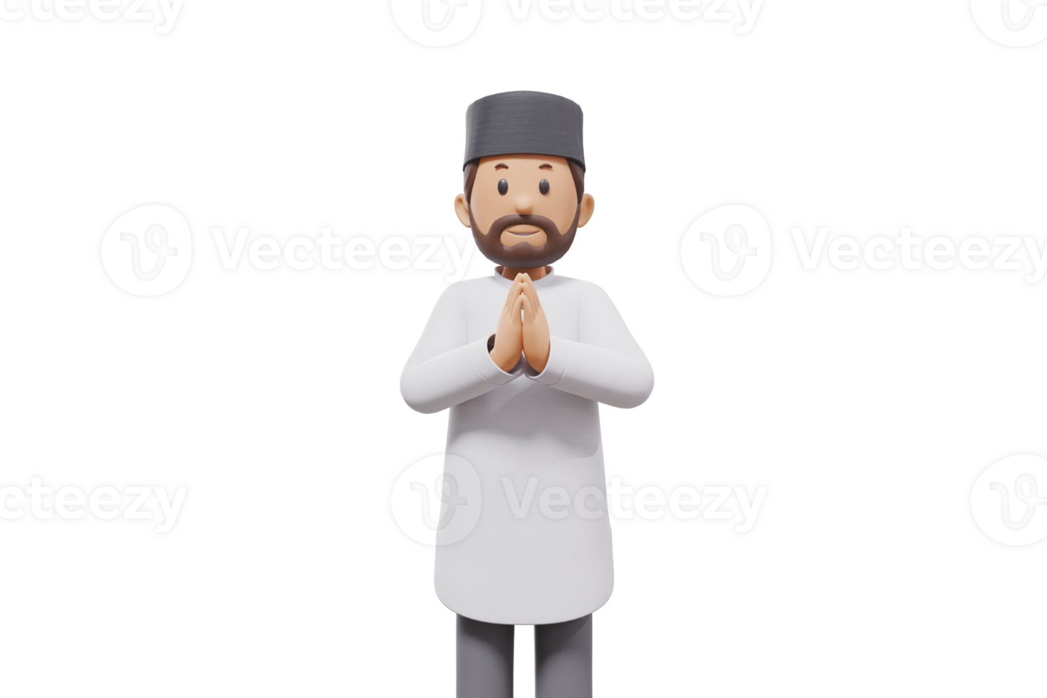 3d illustration of man muslim greeting, pointing and showing something at camera with transparent background png