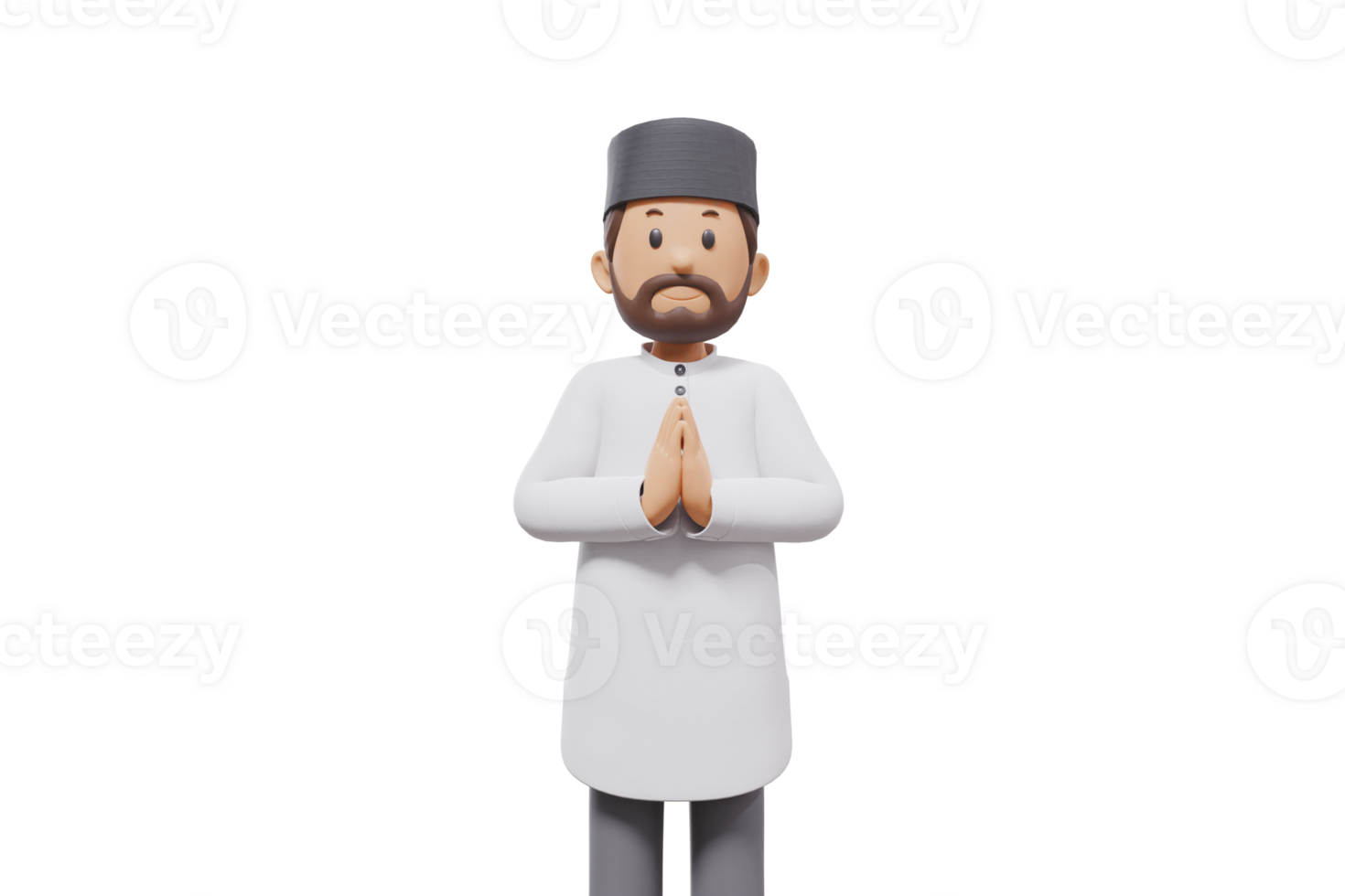 3d illustration of man muslim greeting, pointing and showing something at camera with transparent background png