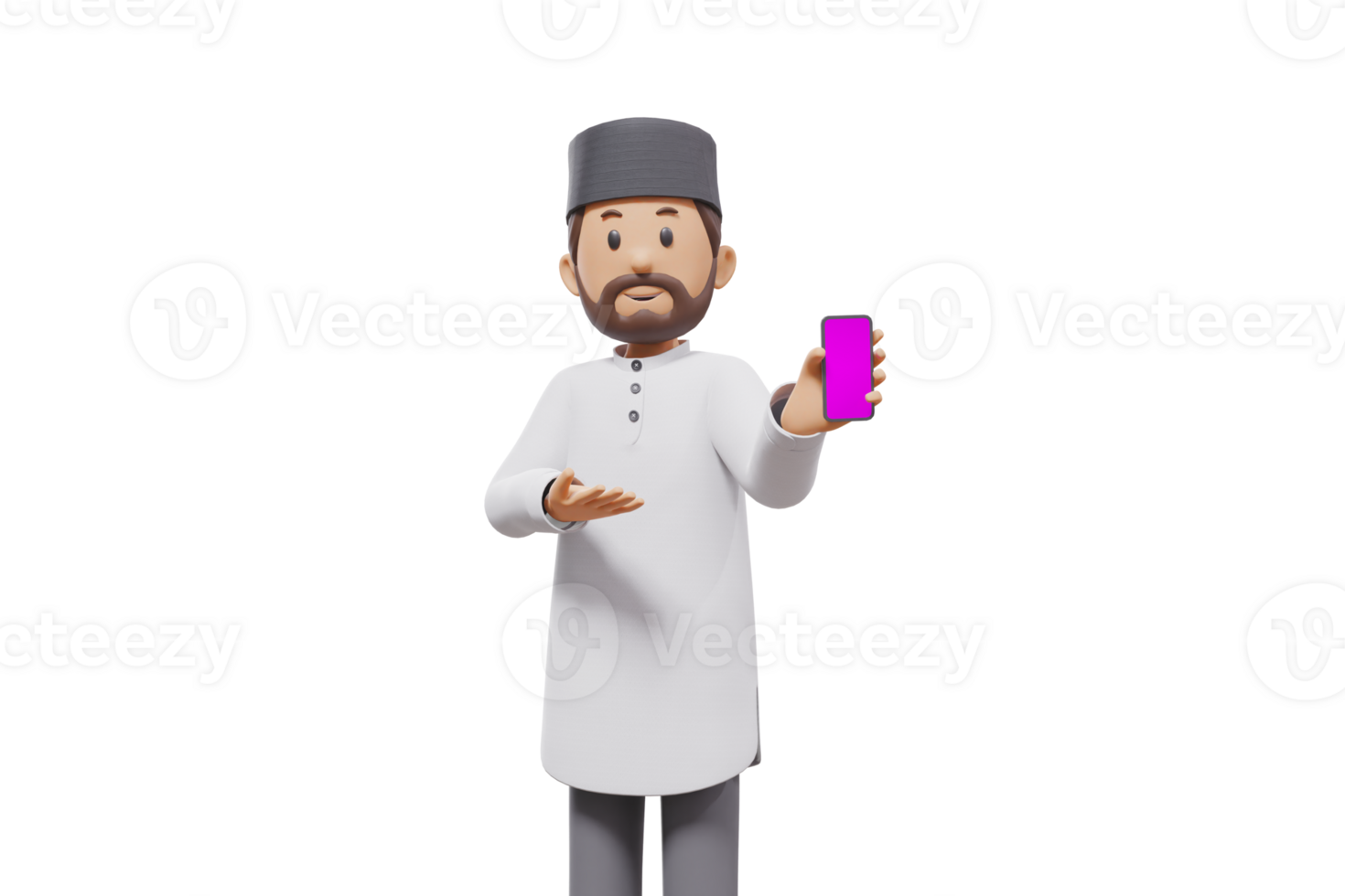 3d man holding a cellphone while interacting, expressing and smiling at the camera with a transparent background png