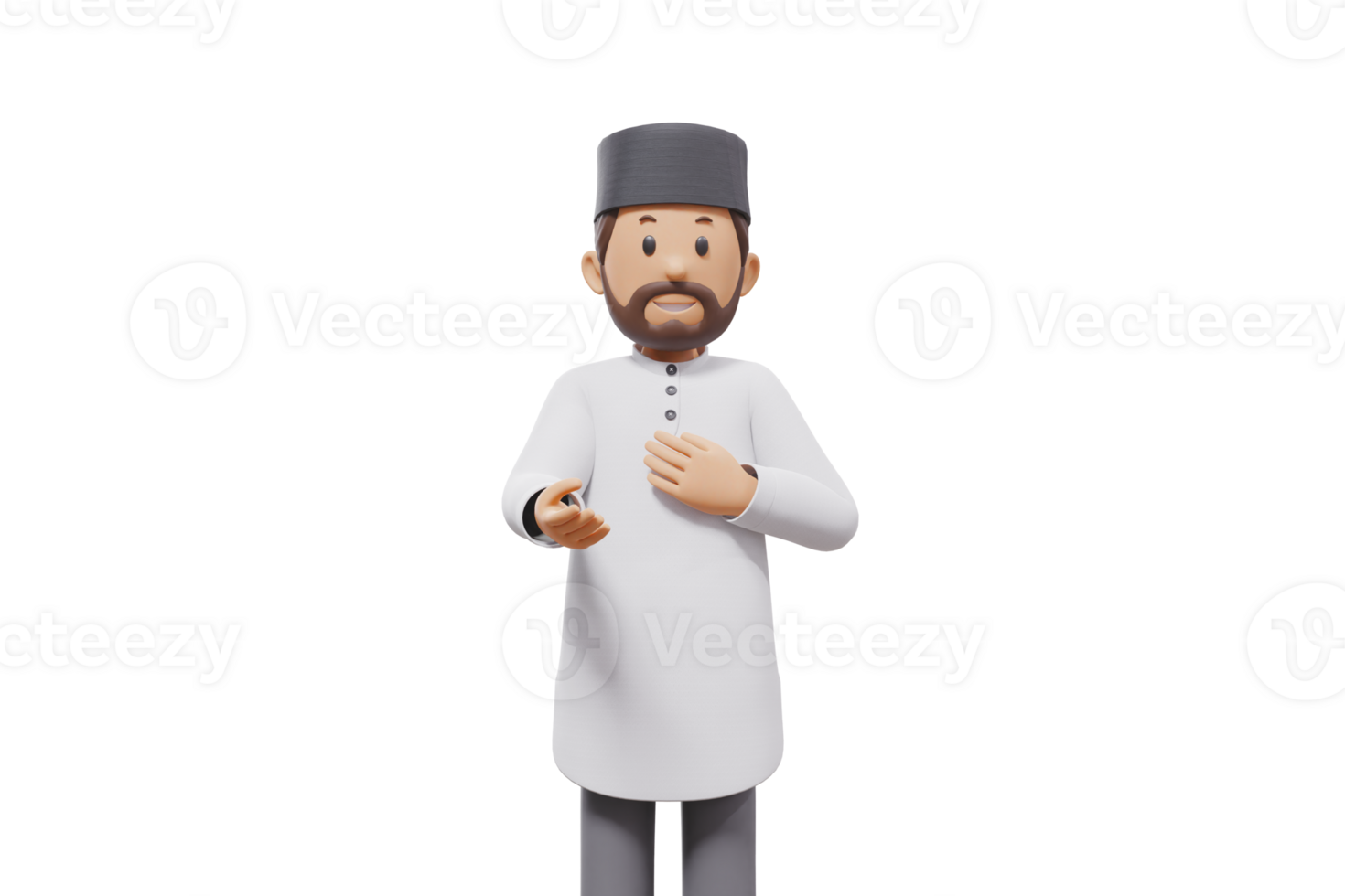 3d illustration of man muslim greeting, pointing and showing something at camera with transparent background png
