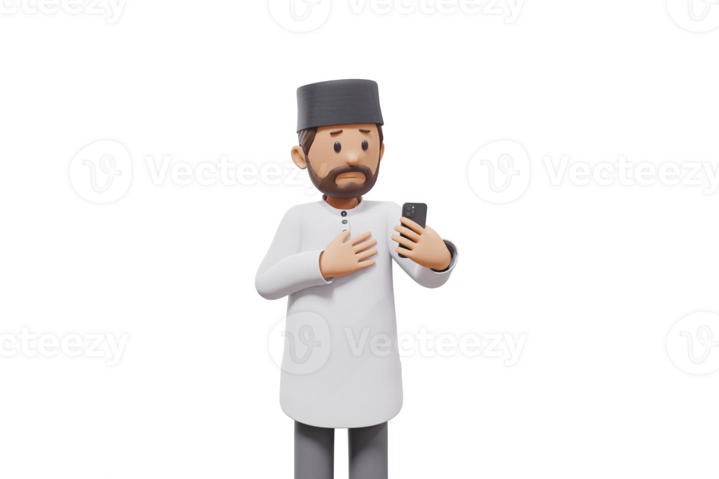 3d man holding a cellphone while interacting, expressing and smiling at the camera with a transparent background png