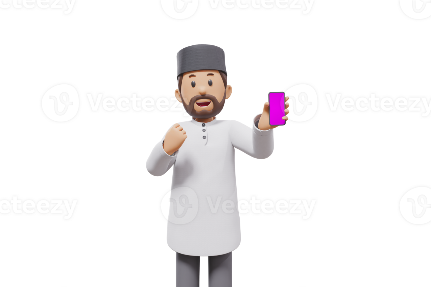 3d man holding a cellphone while interacting, expressing and smiling at the camera with a transparent background png