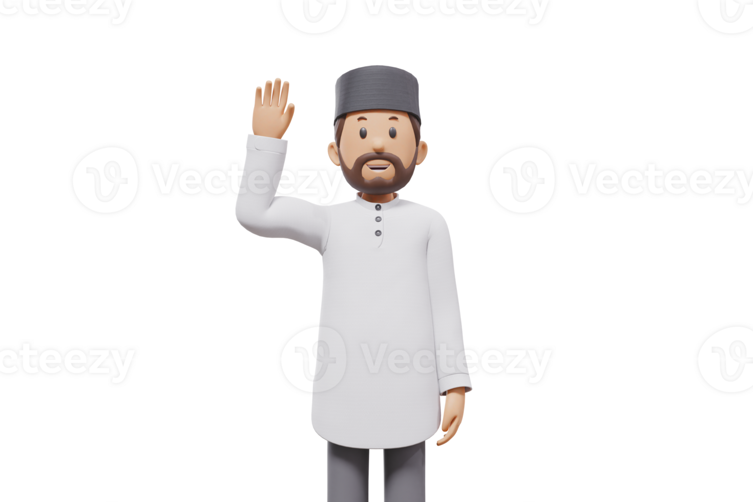 3d illustration of man muslim greeting, pointing and showing something at camera with transparent background png