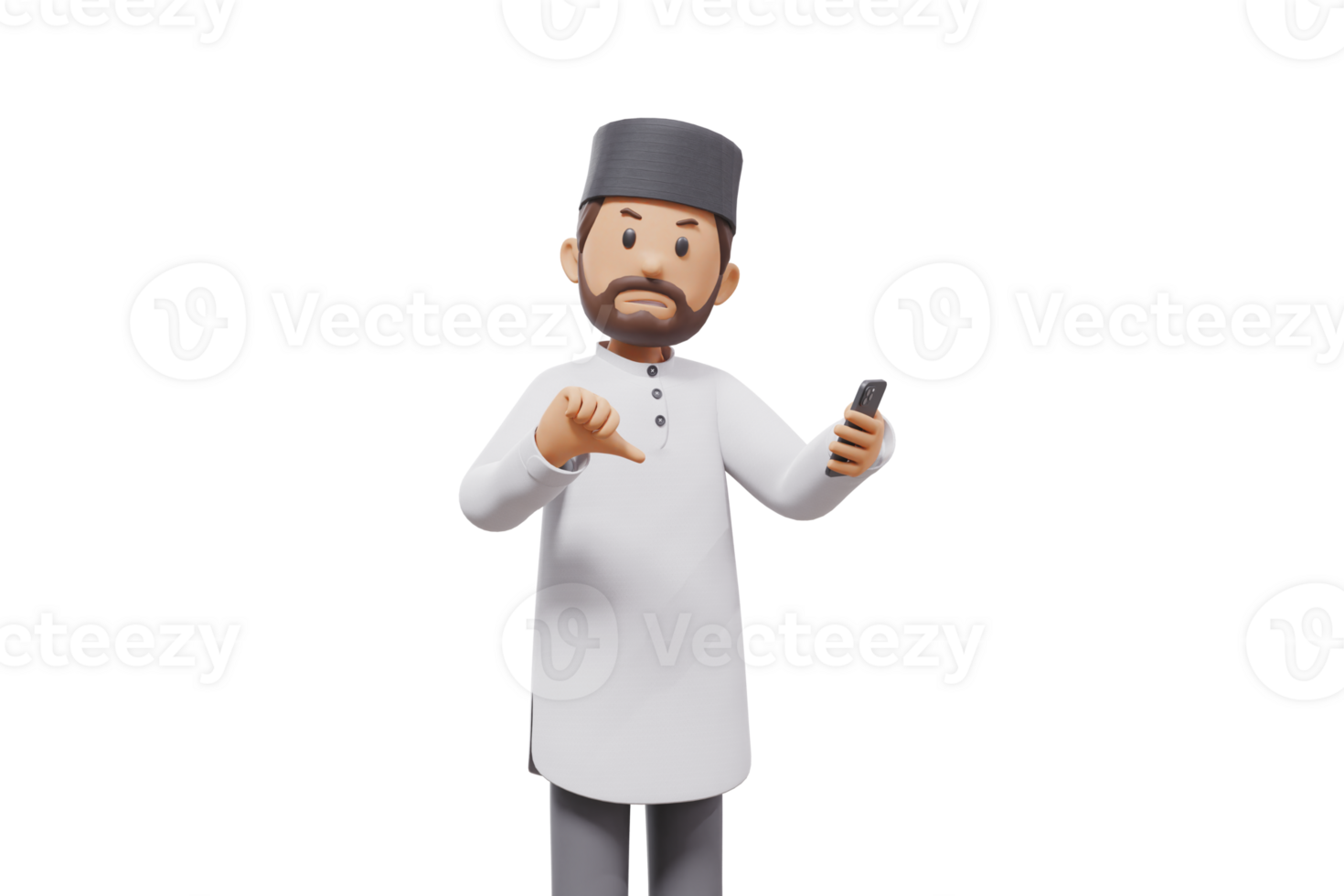 3d man holding a cellphone while interacting, expressing and smiling at the camera with a transparent background png