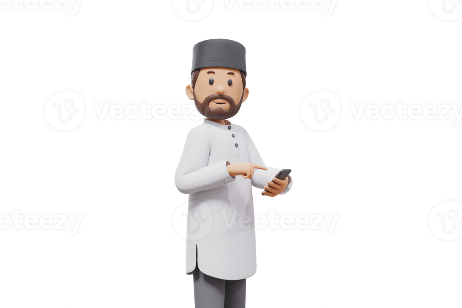 3d man holding a cellphone while interacting, expressing and smiling at the camera with a transparent background png