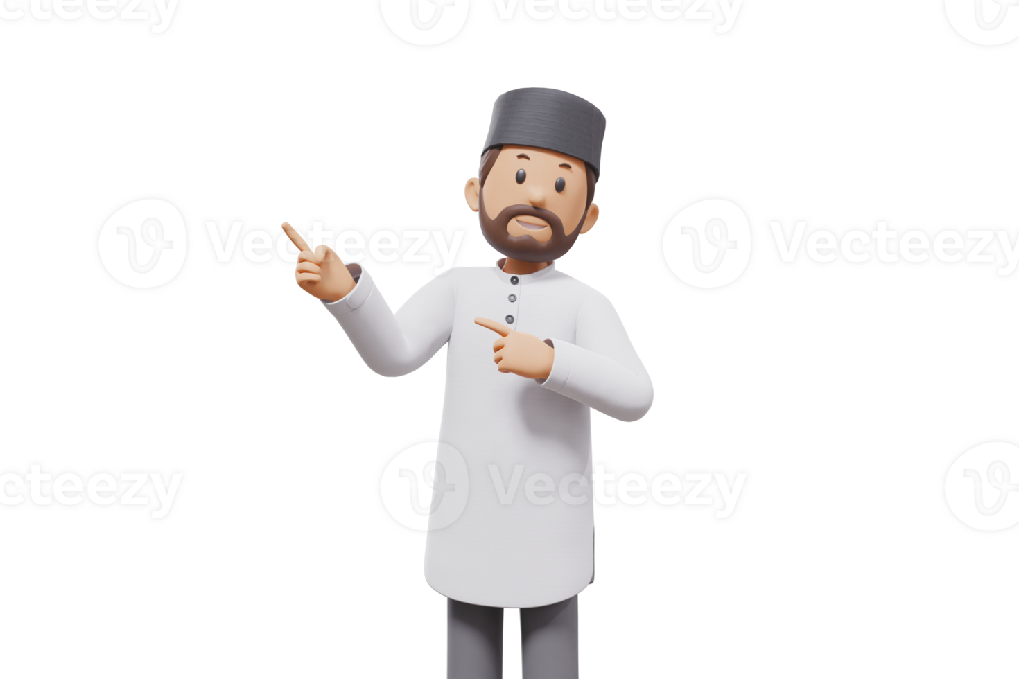 3d illustration of man muslim greeting, pointing and showing something at camera with transparent background png